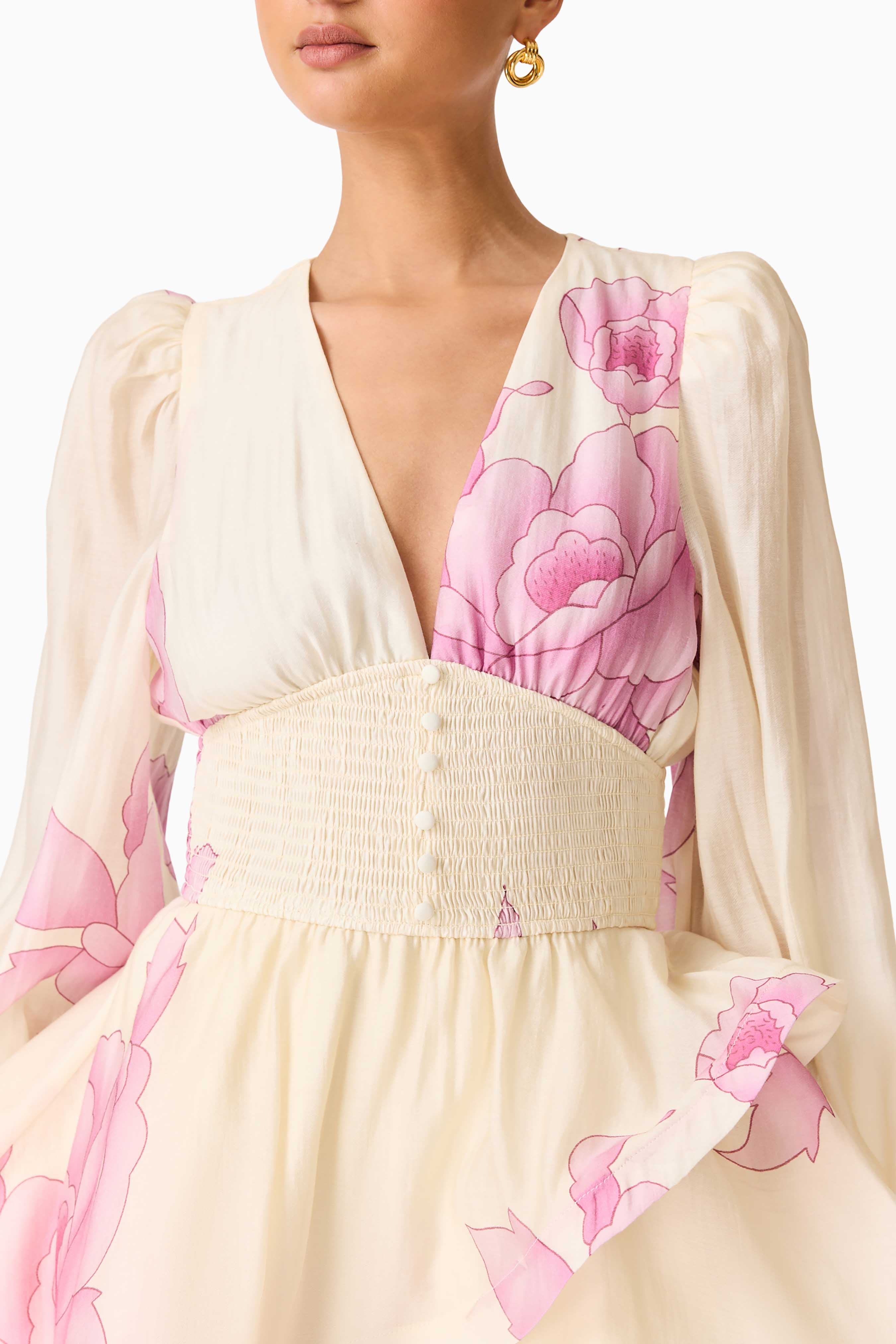 Rova Long Sleeve Mini Dress in Cream & Pink Floral