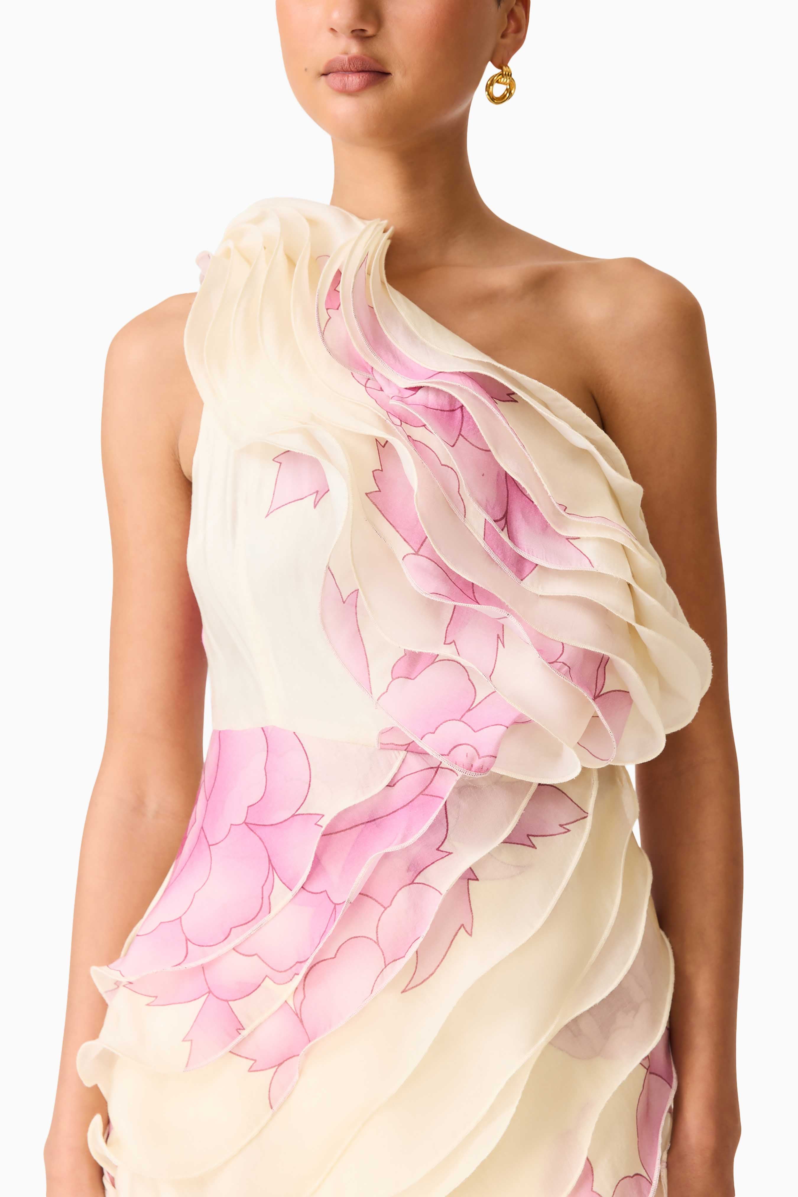 Rova One Shoulder Mini Dress in Cream & Pink Floral