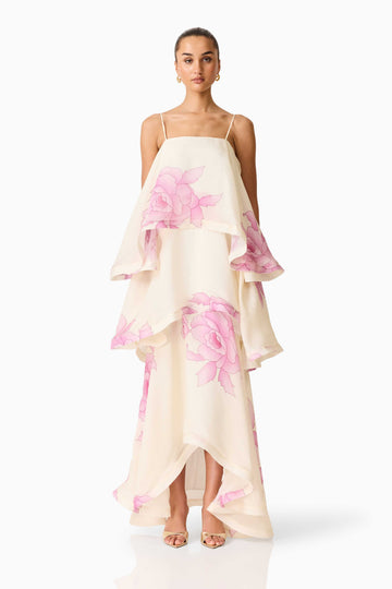 Rova Tiered Gown in Cream & Pink Floral