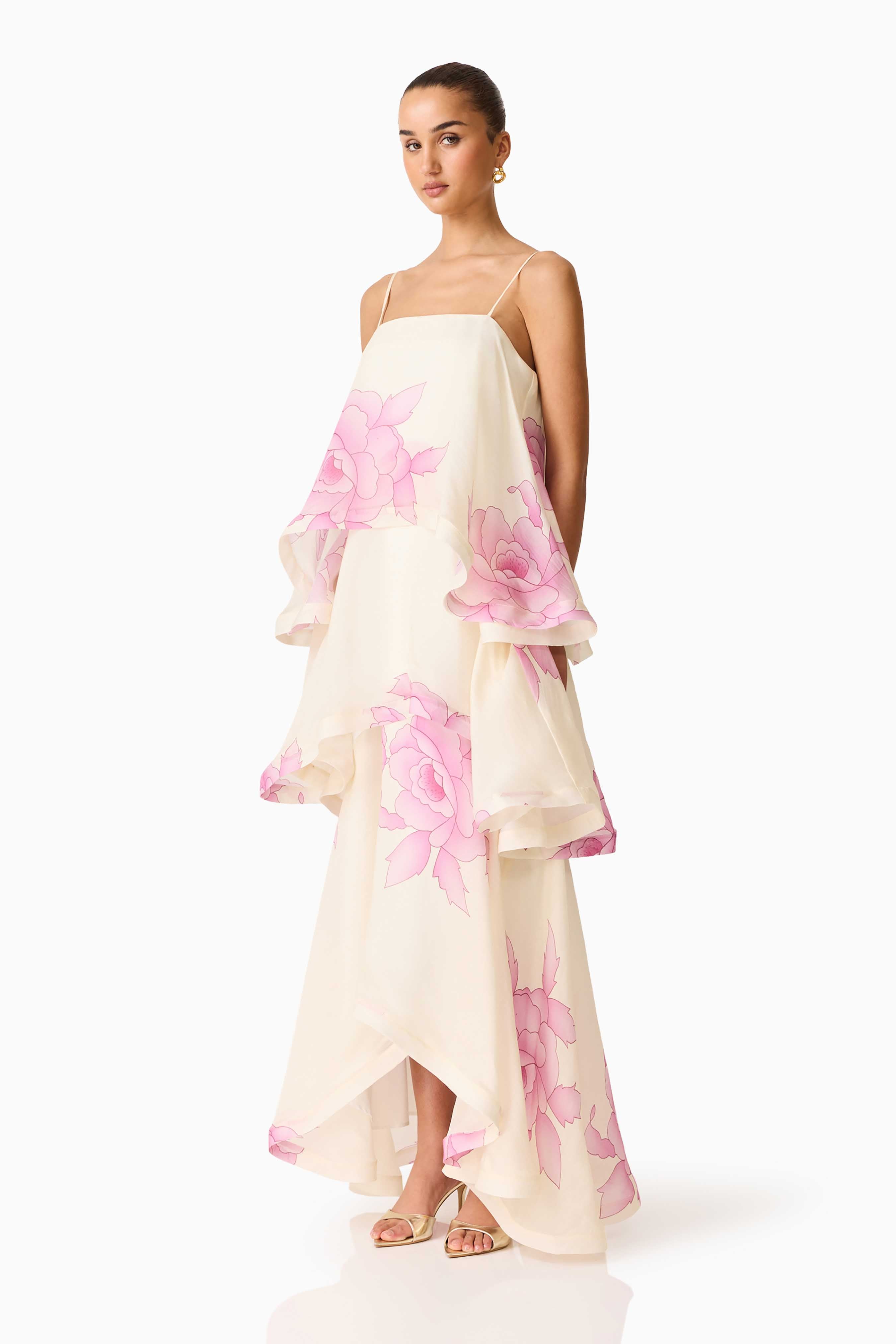 Rova Tiered Gown in Cream & Pink Floral