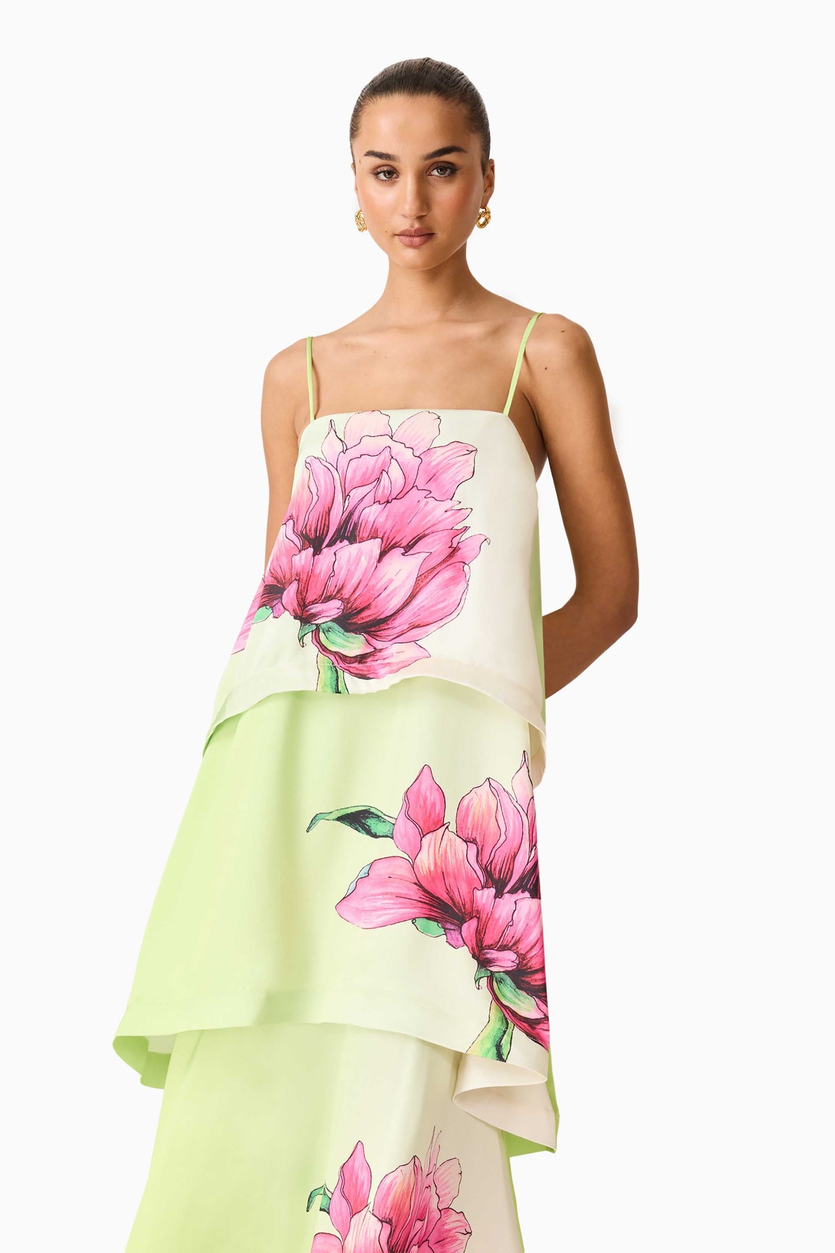 Elisia Tiered Gown in Green & Pink Floral
