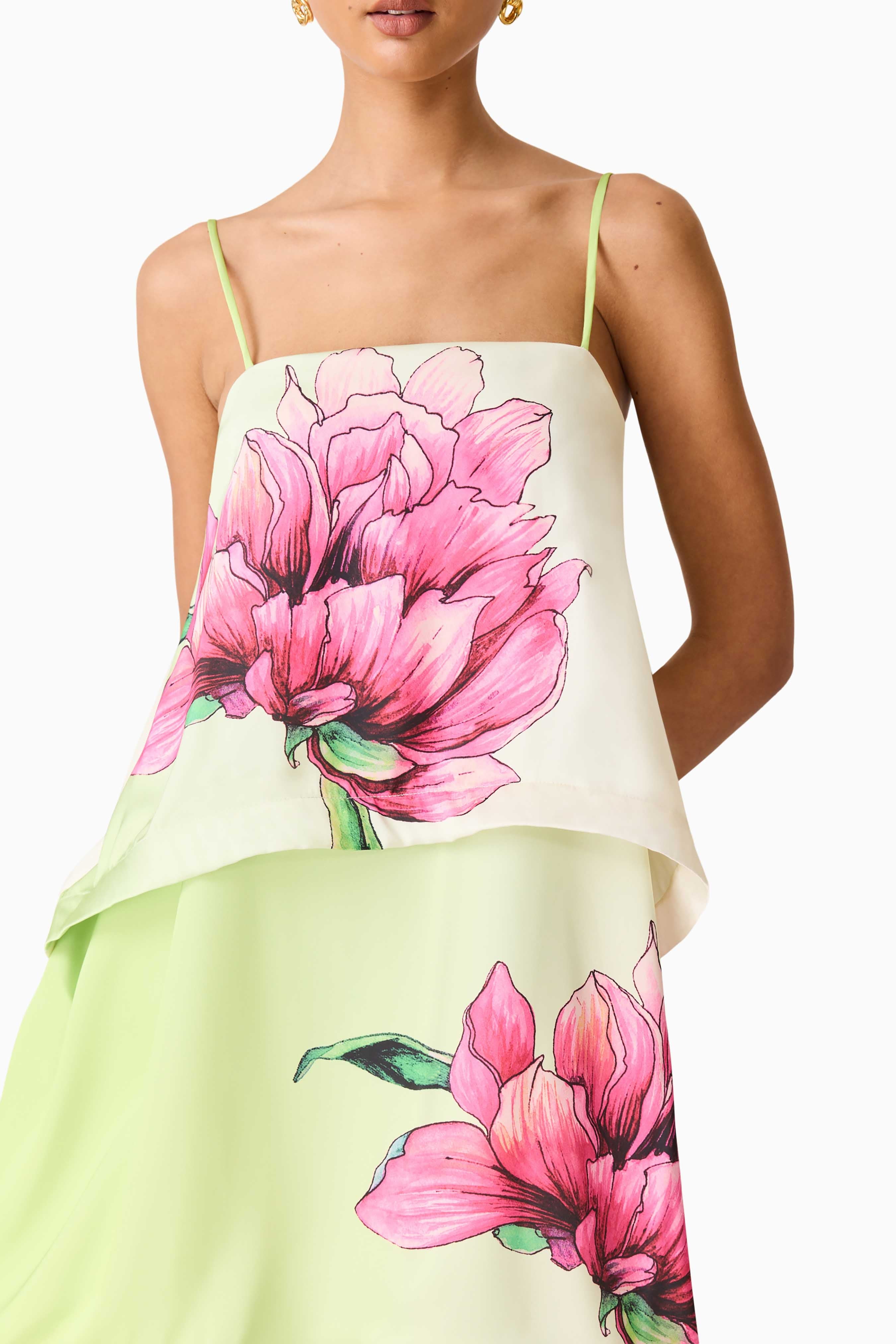 Elisia Tiered Gown in Green & Pink Floral