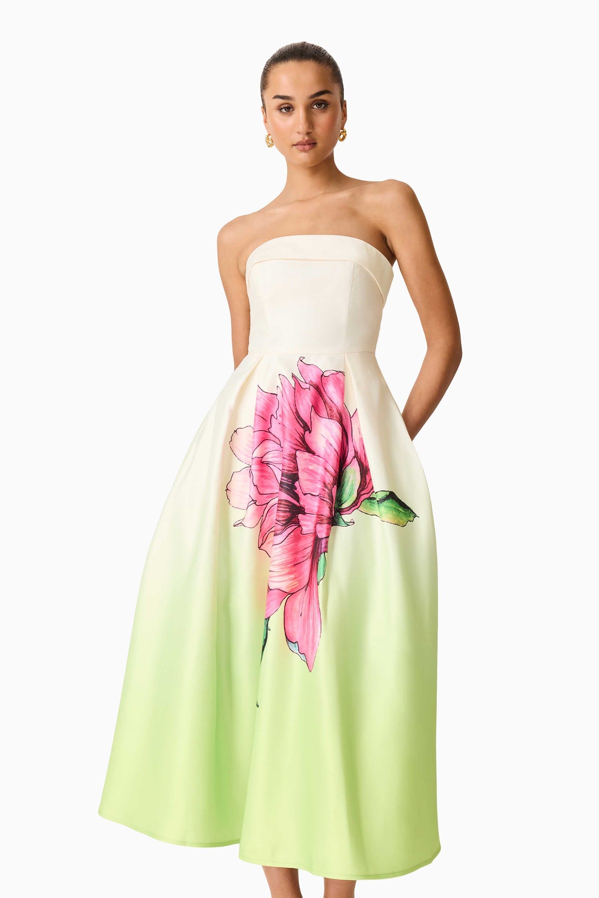 Elisia Strapless Gown in Green & Pink Floral