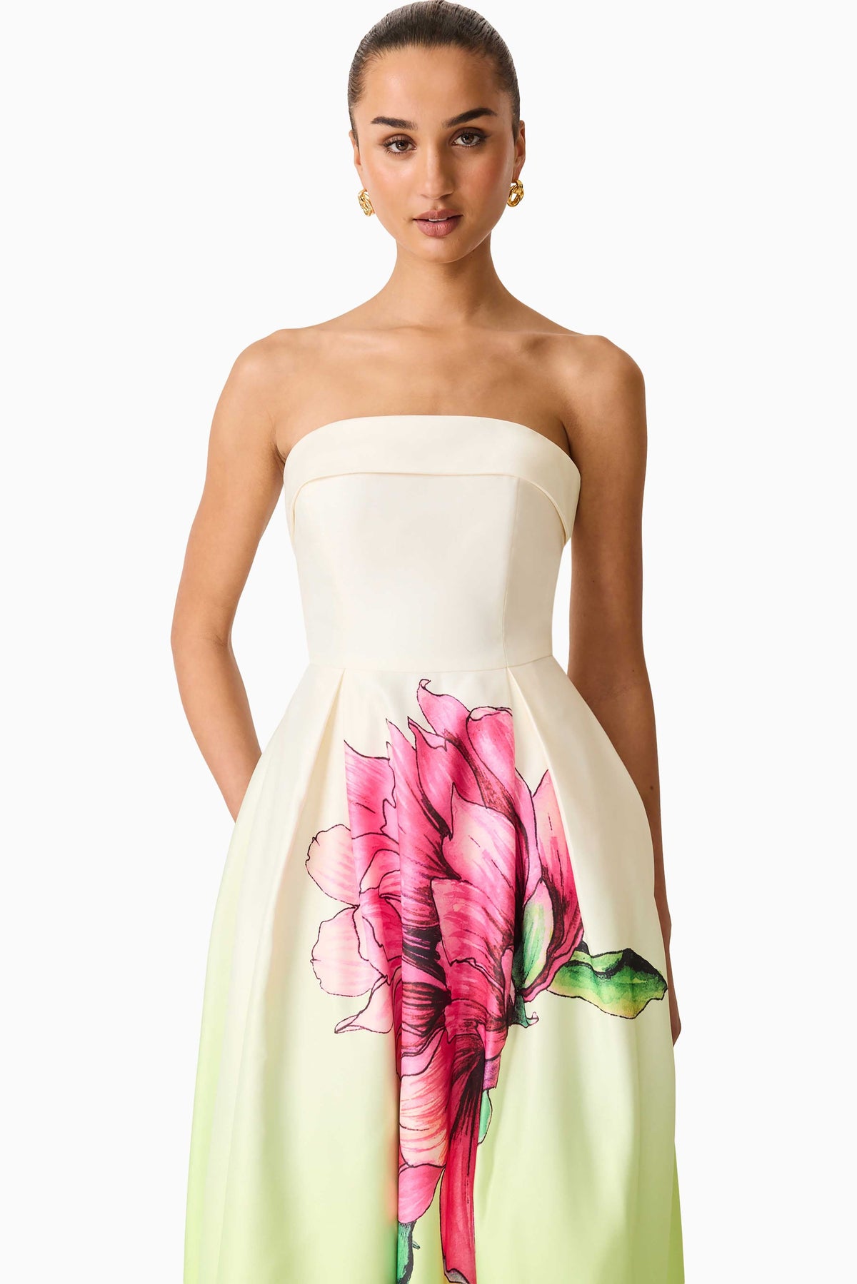 Elisia Strapless Gown in Green & Pink Floral