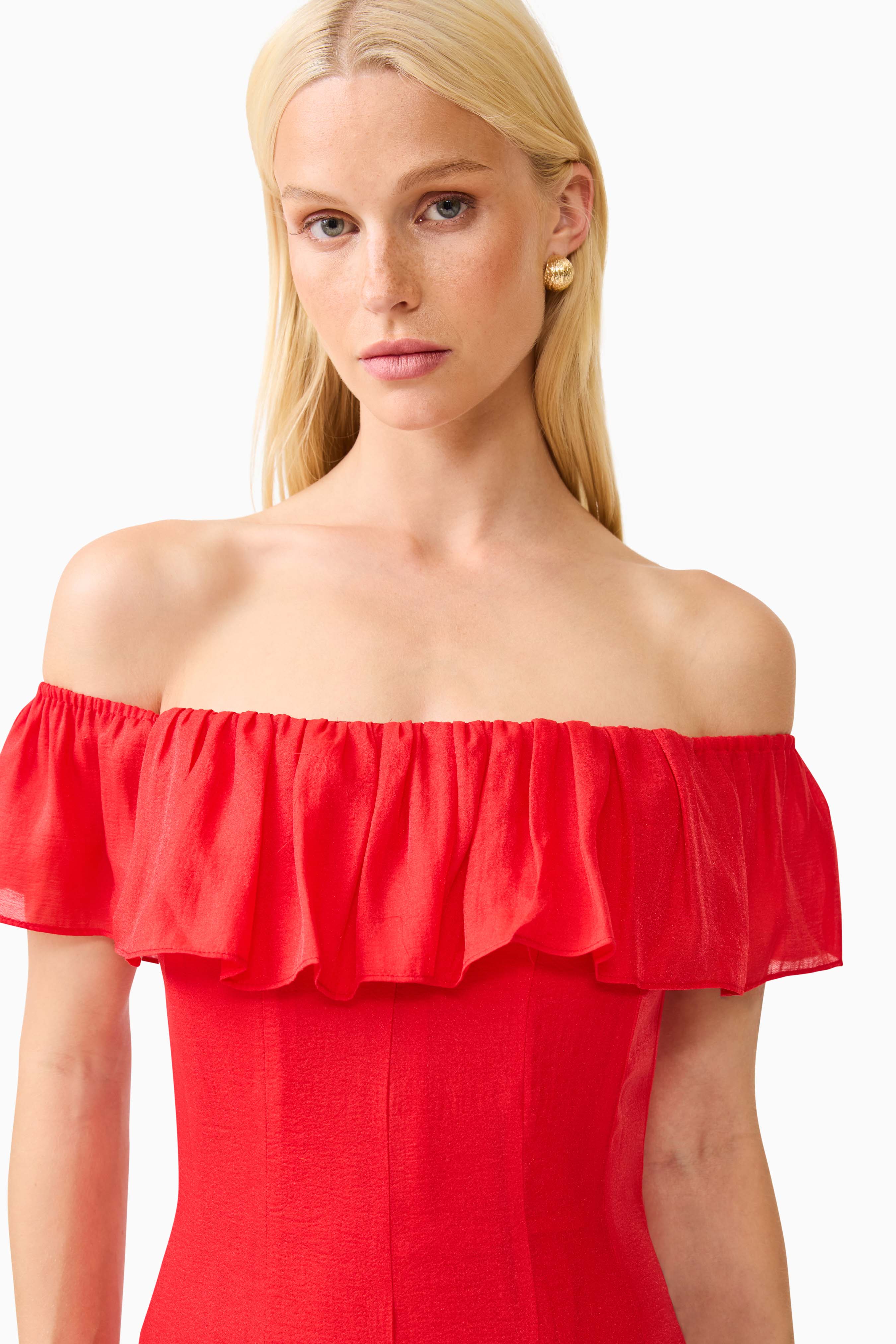 Yvette Off Shoulder Gown in Vermilion Red