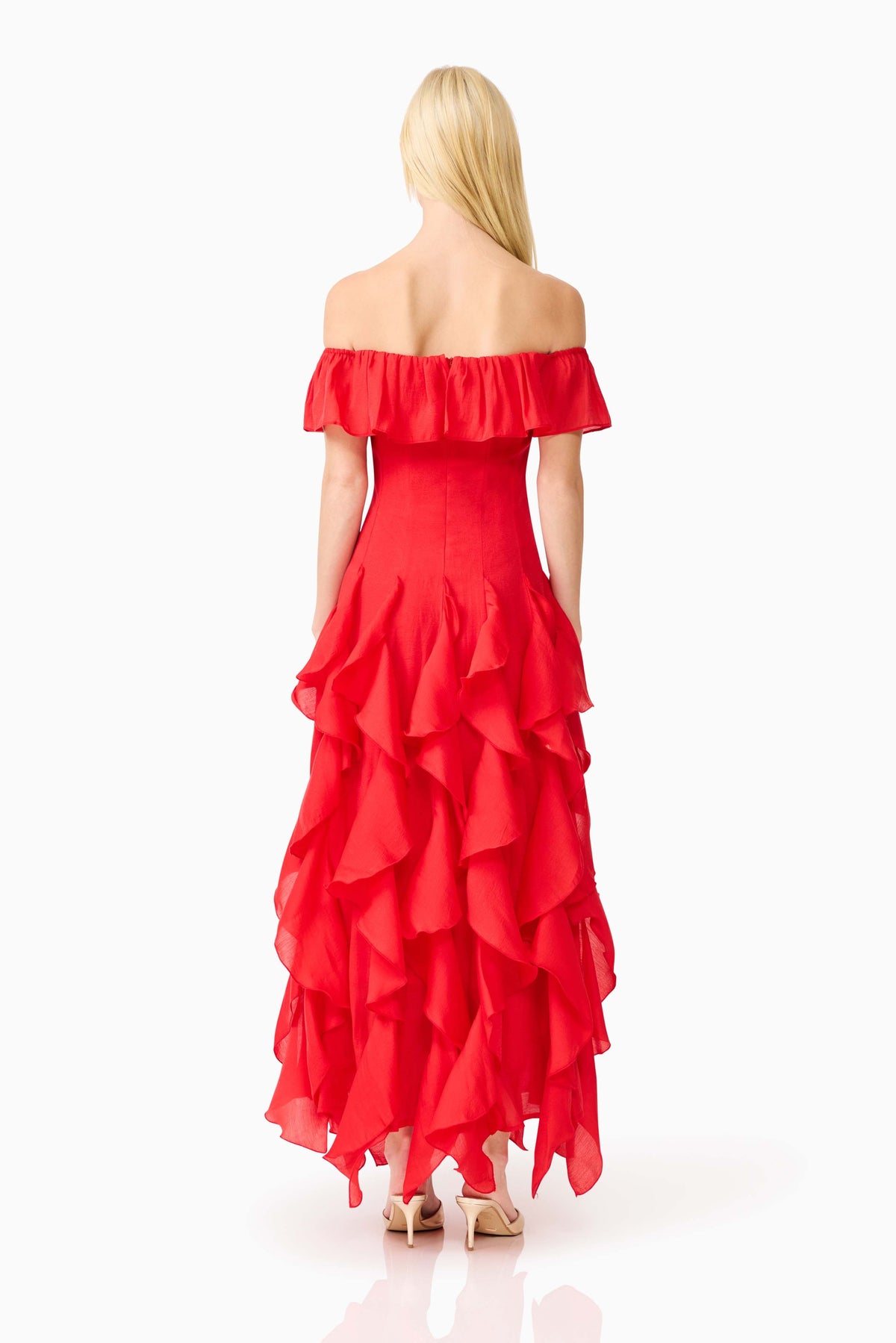 Yvette Off Shoulder Gown in Vermilion Red