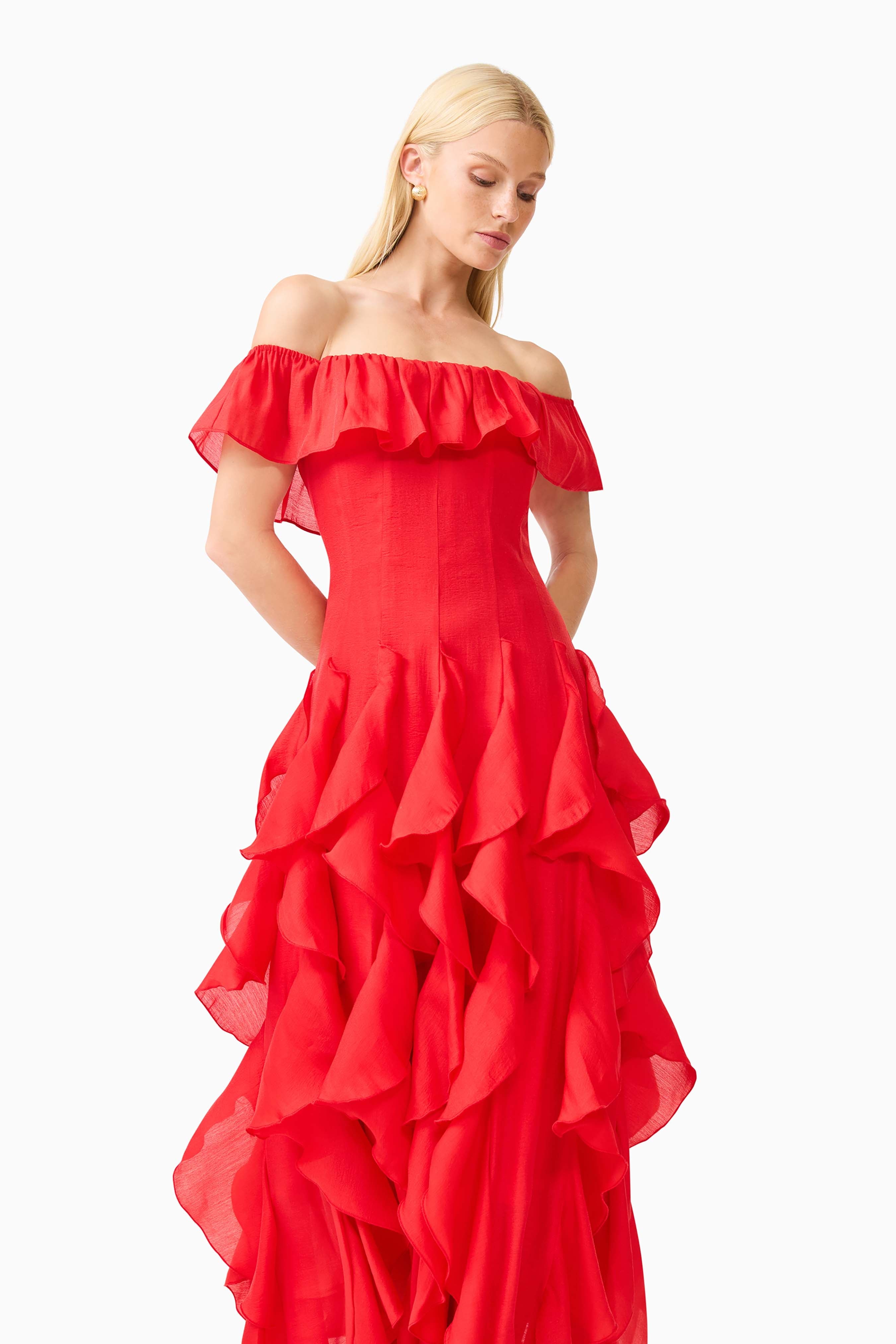 Yvette Off Shoulder Gown in Vermilion Red
