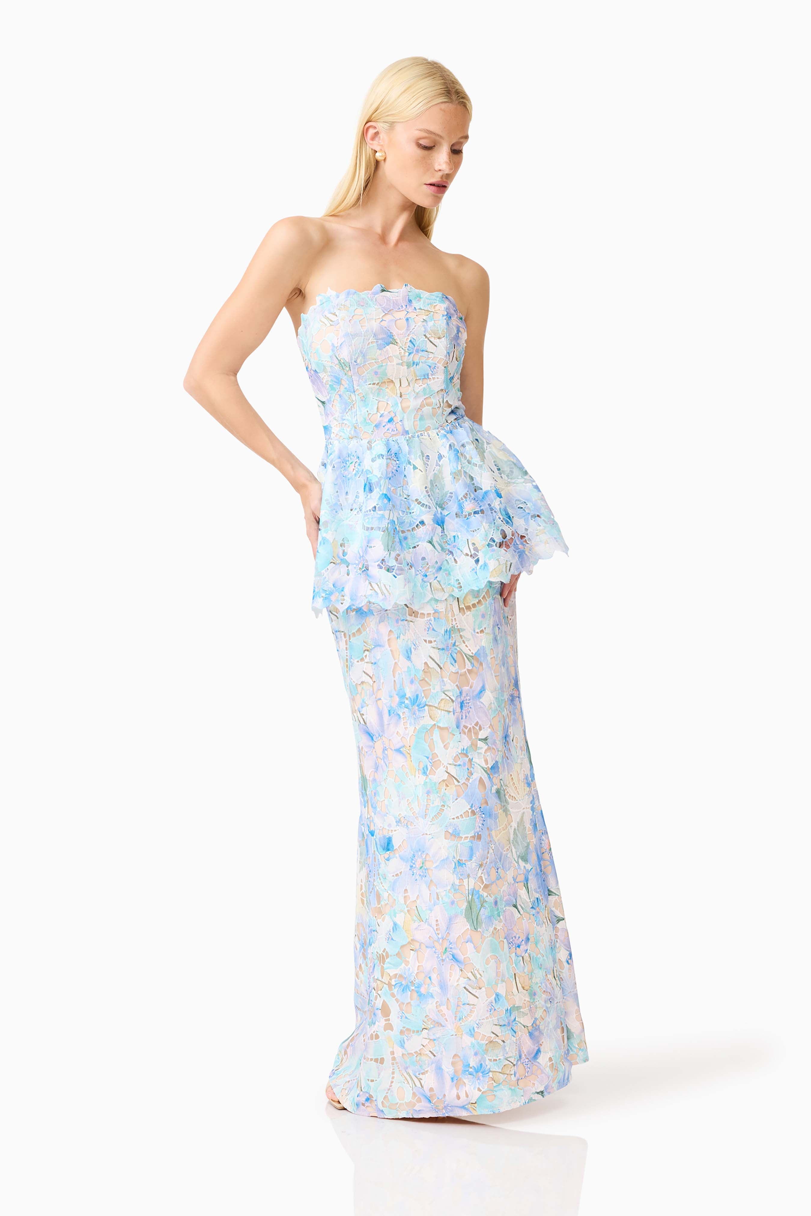 Kalissa Strapless Gown in Blue Floral