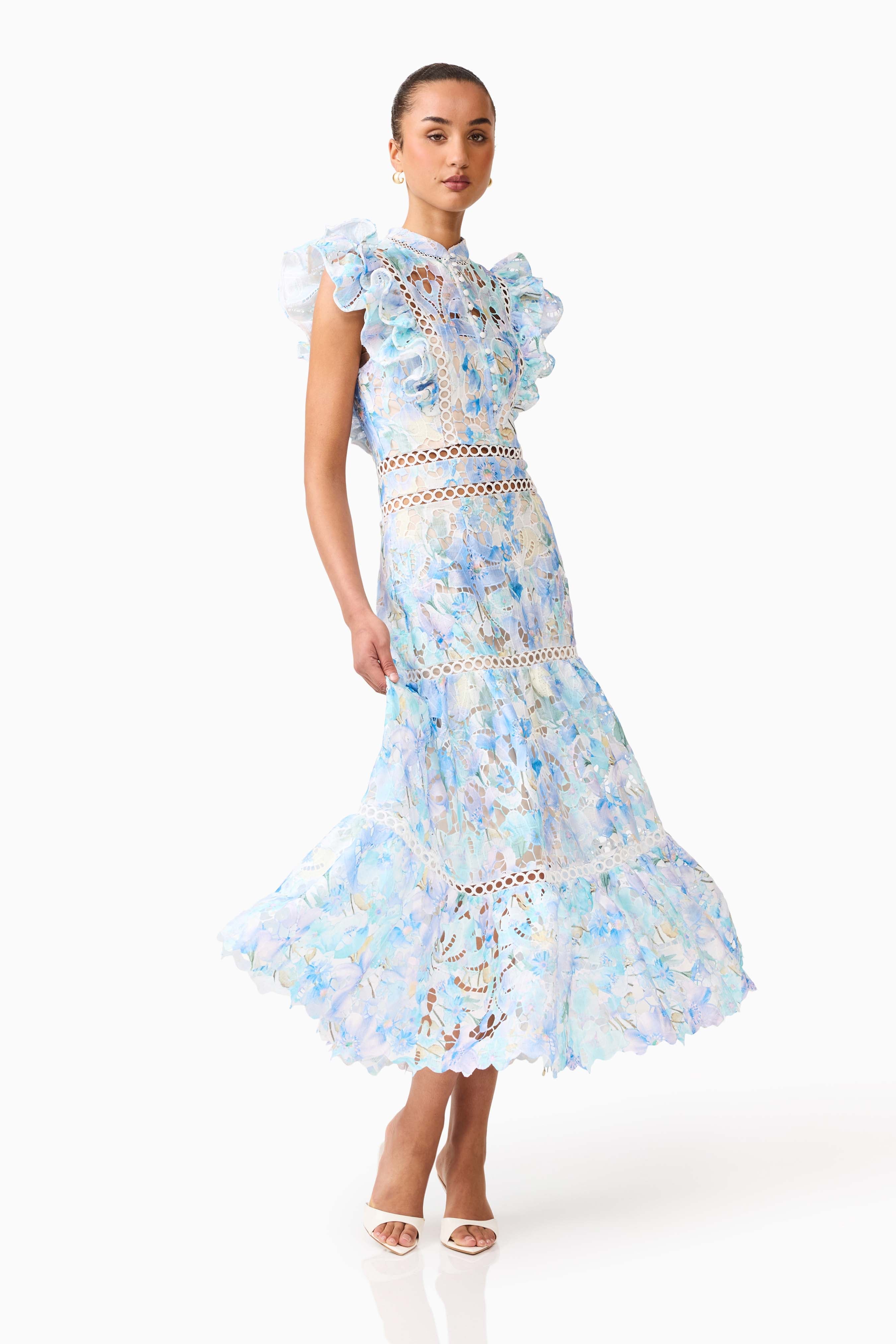 Kalissa Ruffle Maxi Dress in Blue Floral