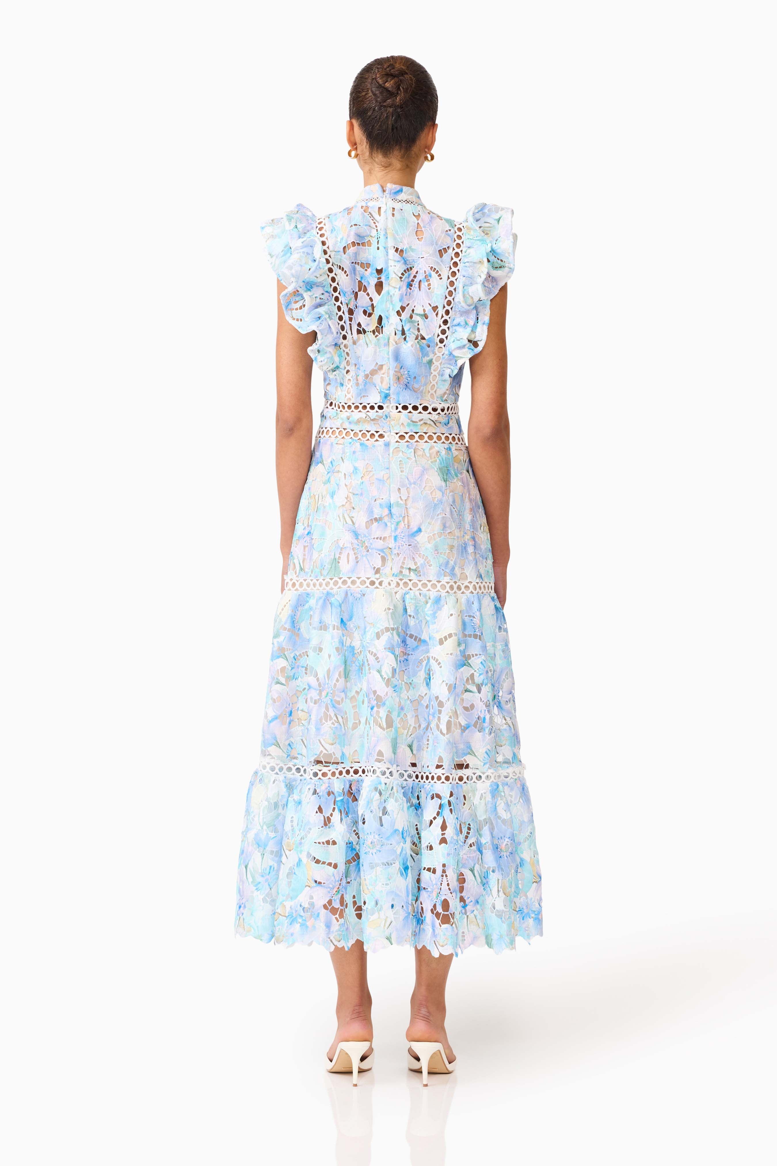 Kalissa Ruffle Maxi Dress in Blue Floral