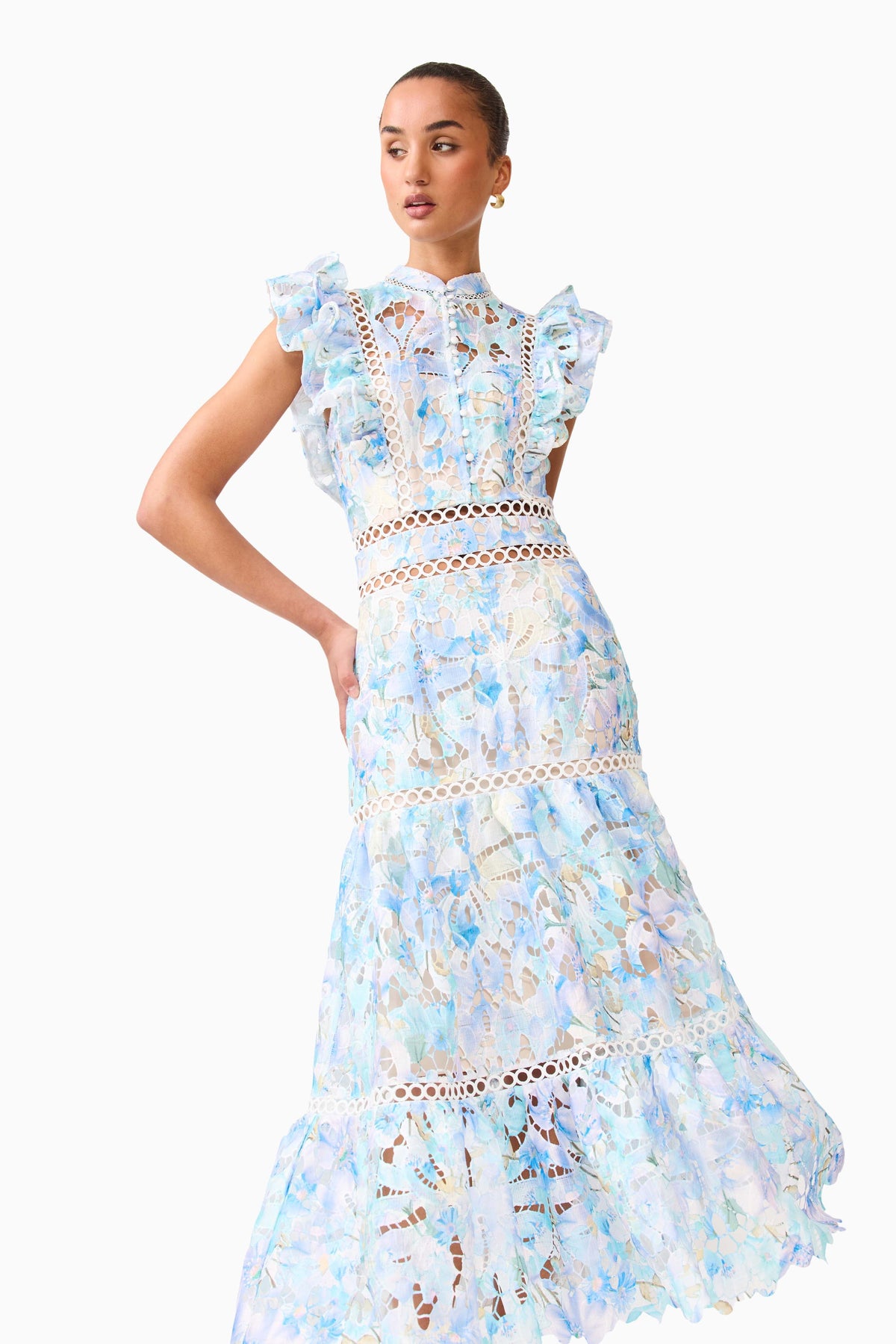 Kalissa Ruffle Maxi Dress in Blue Floral