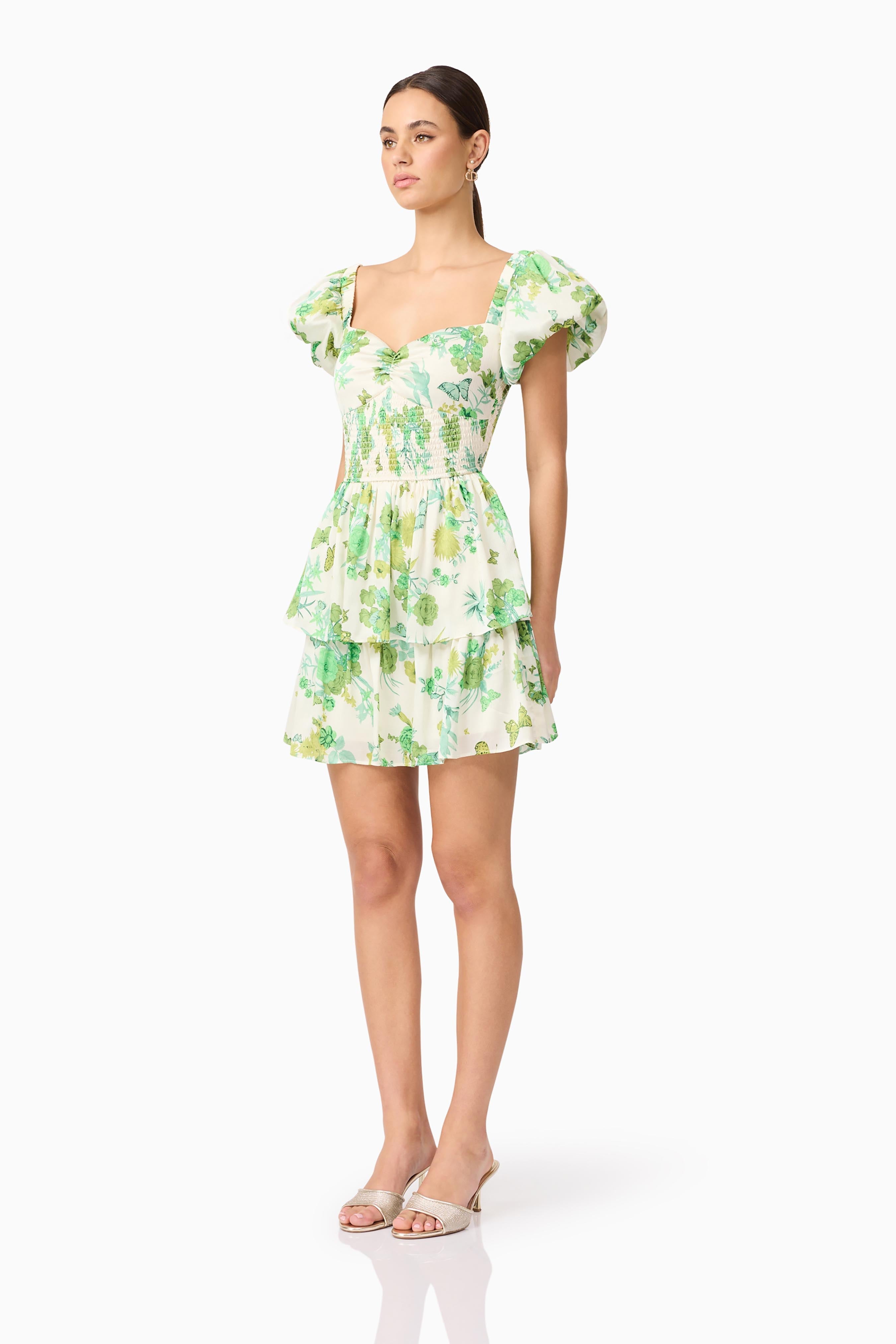 Tess Puff Sleeve Mini Dress in Green