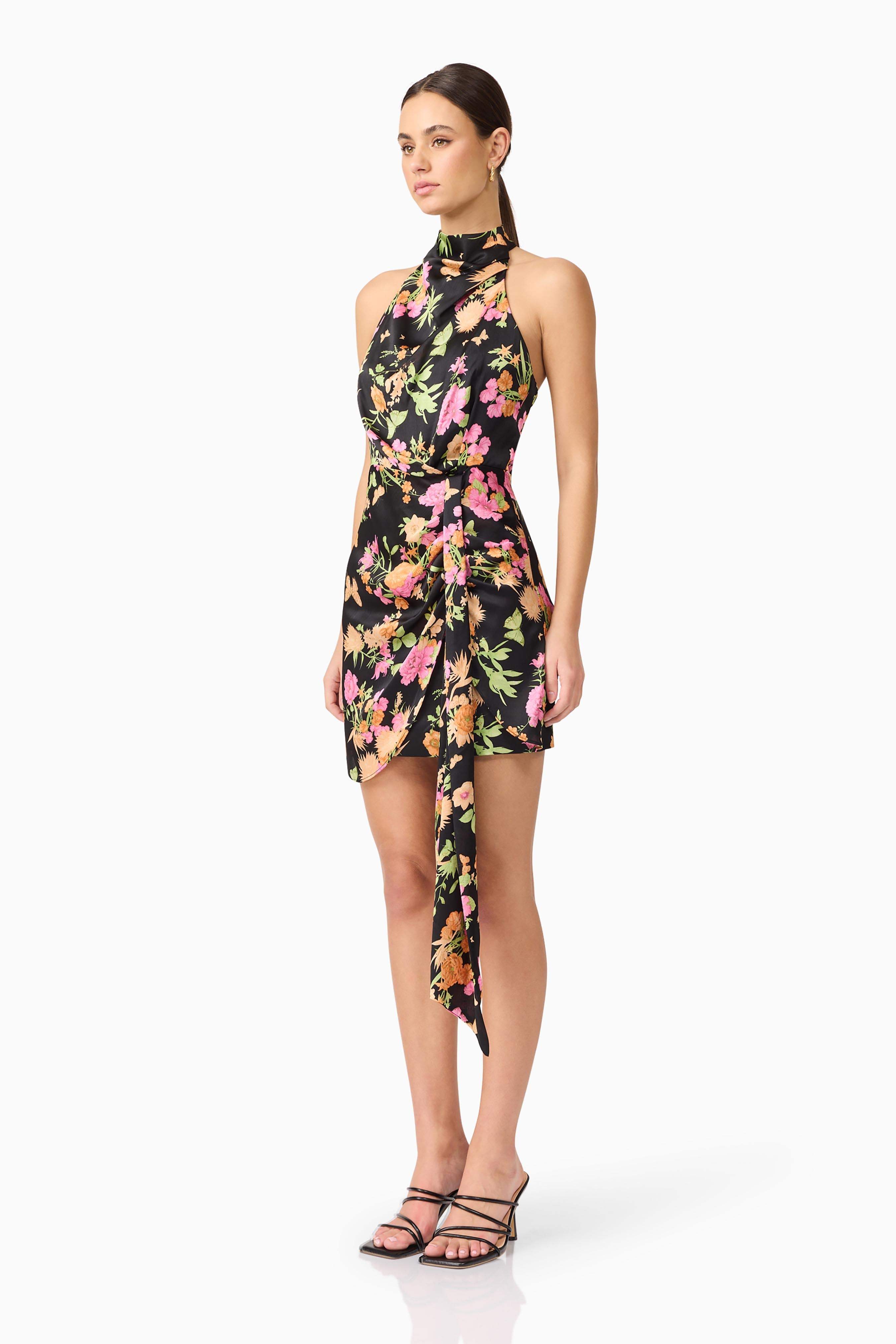 Tess Floral Halter Dress in Black