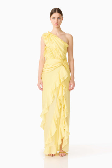 Lucinda One Shoulder Gown in Lemon Yellow