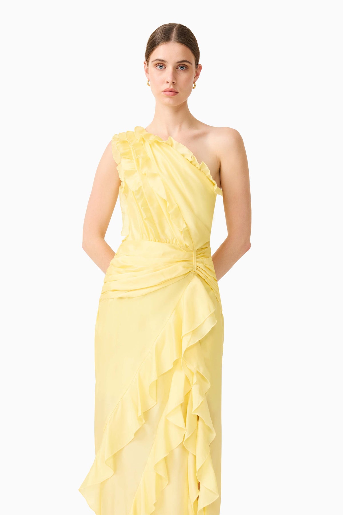 Lucinda One Shoulder Gown in Lemon Yellow
