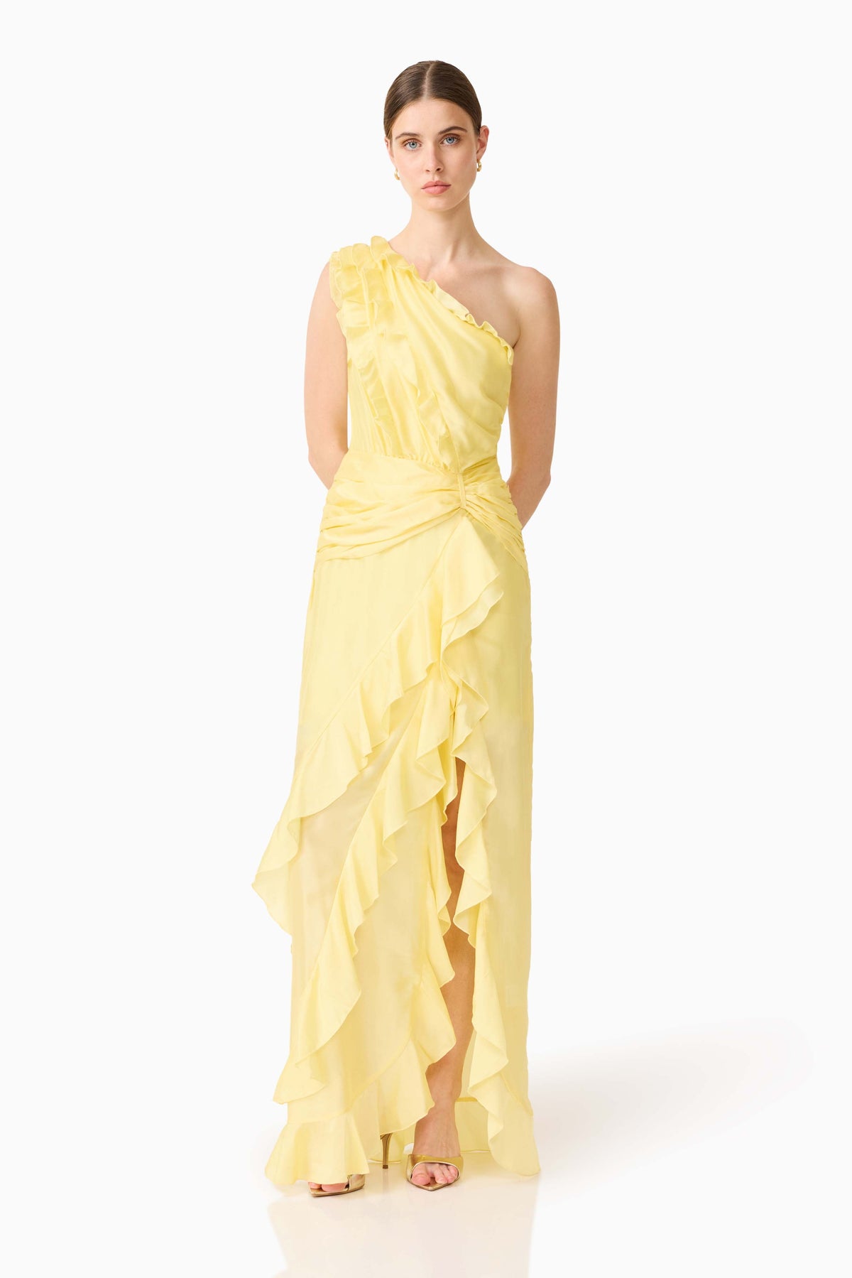 Lucinda One Shoulder Gown in Lemon Yellow