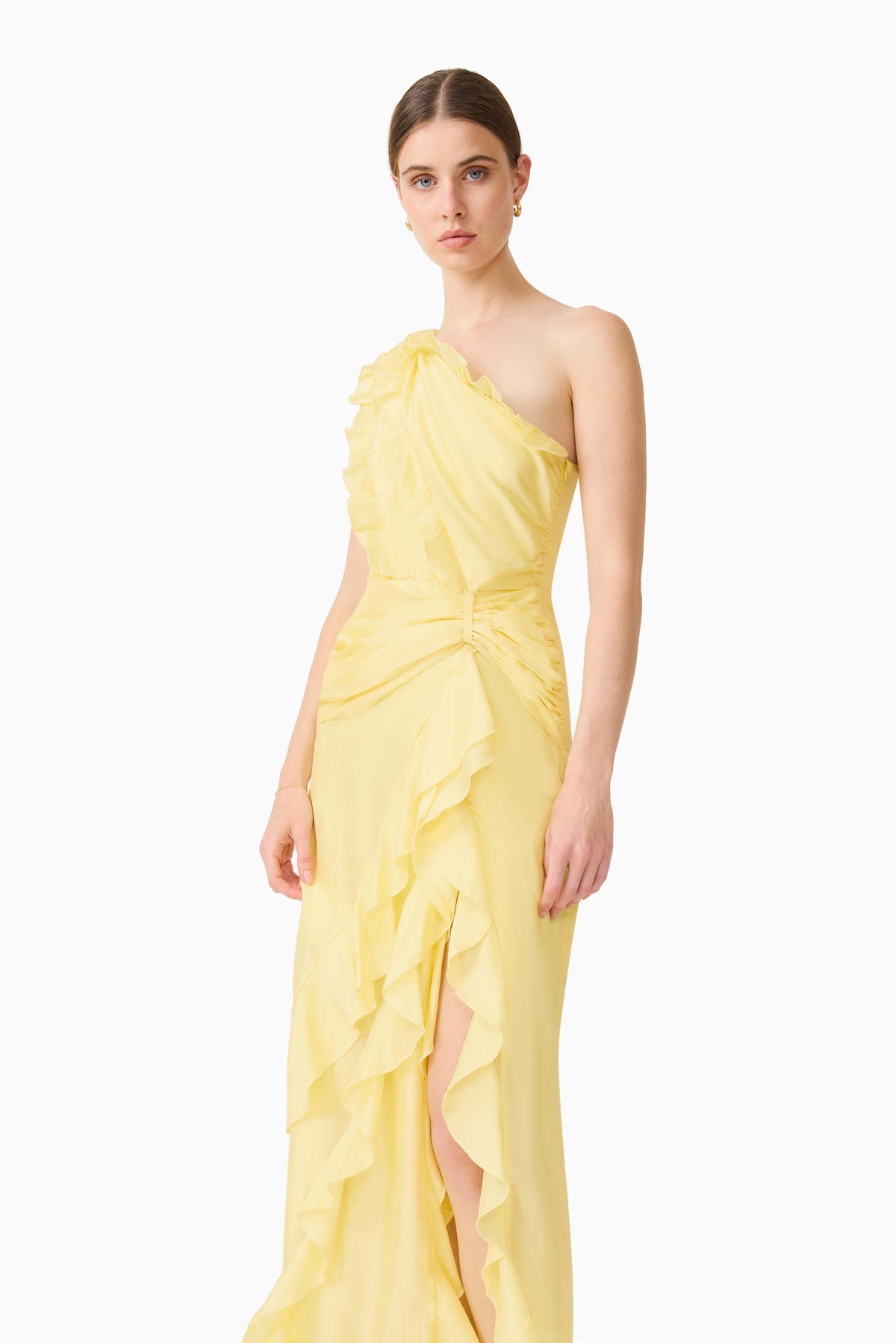 Lucinda One Shoulder Gown in Lemon Yellow