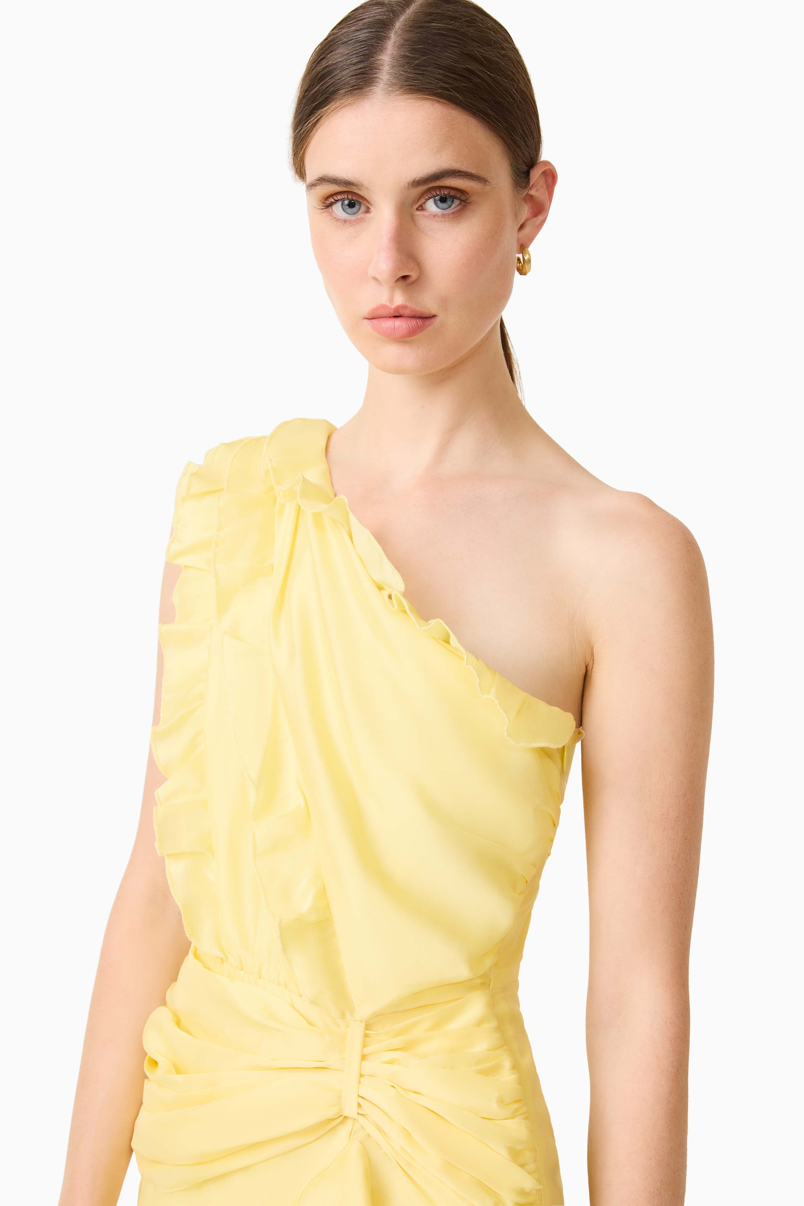 Lucinda One Shoulder Gown in Lemon Yellow