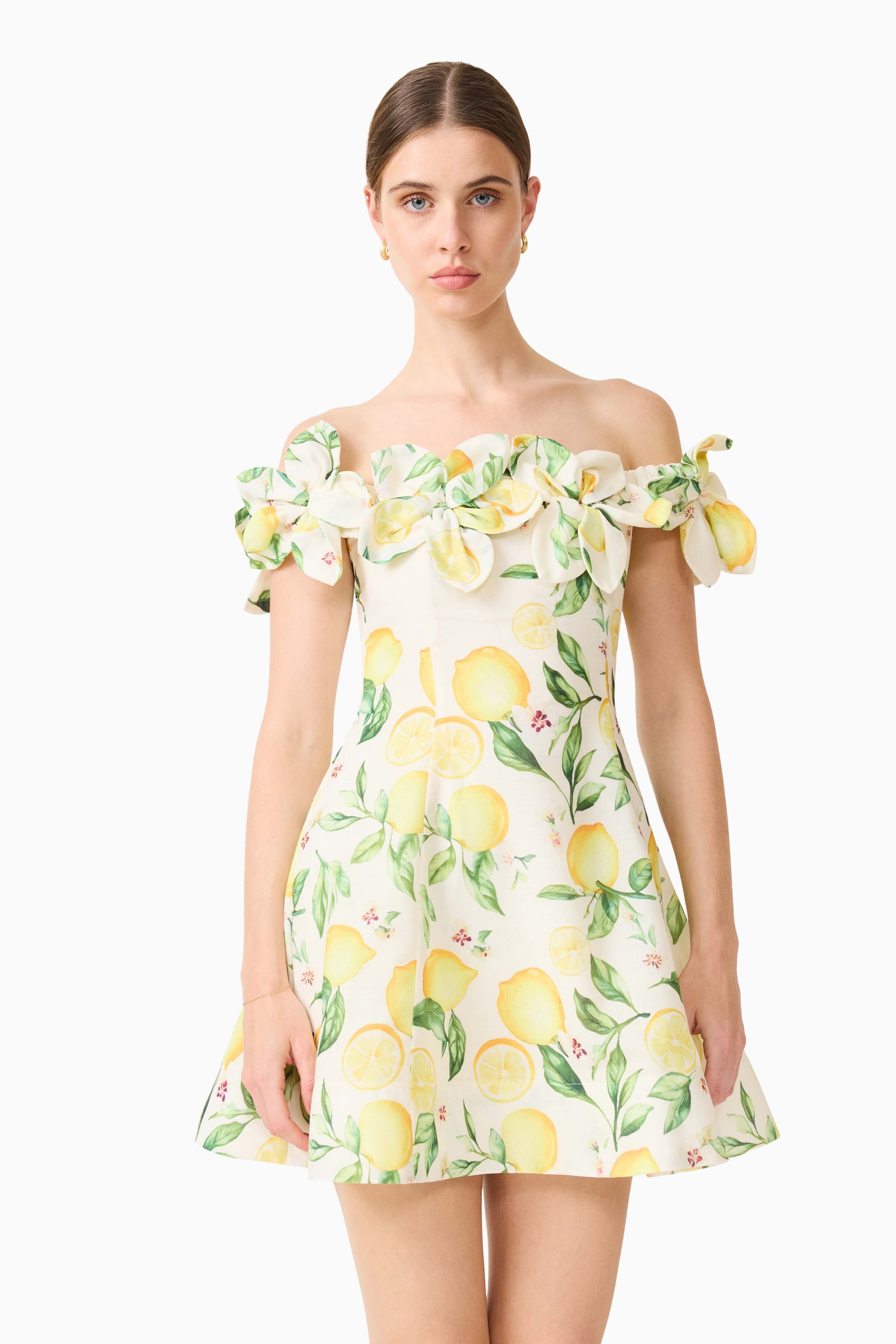 Hana Off Shoulder Mini Dress in Lemon Print