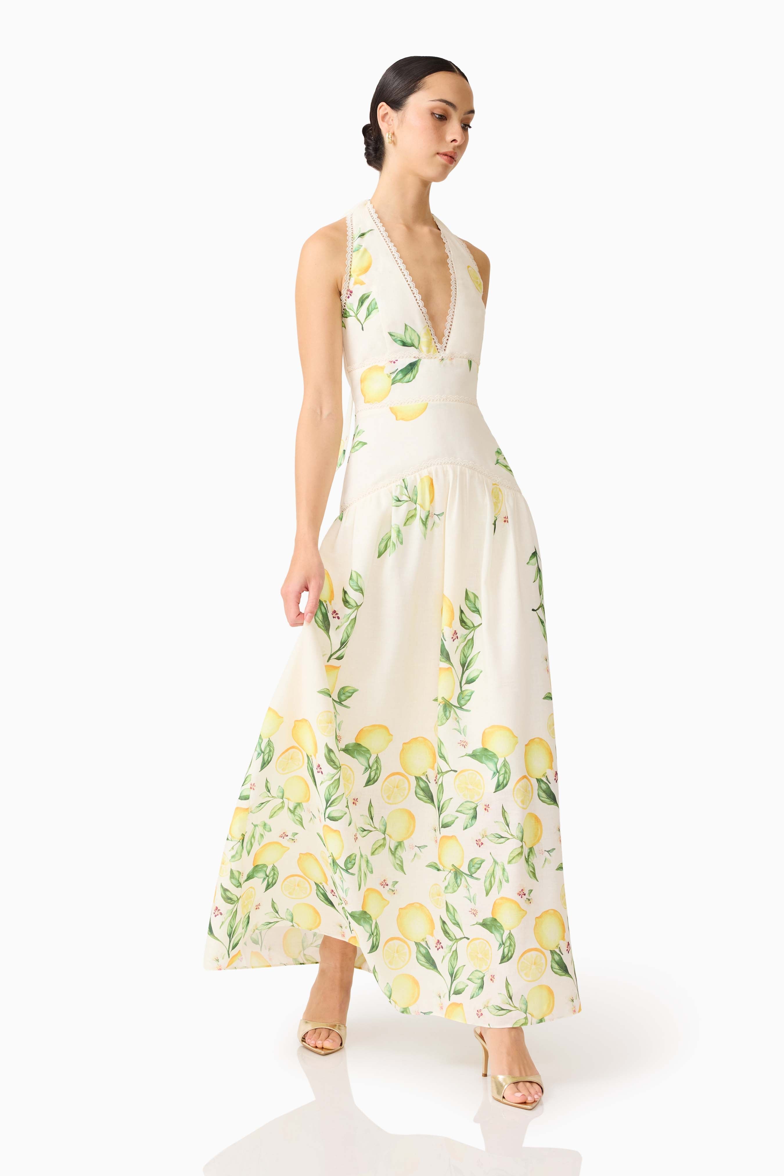 Hana Halter Gown in Lemon Print