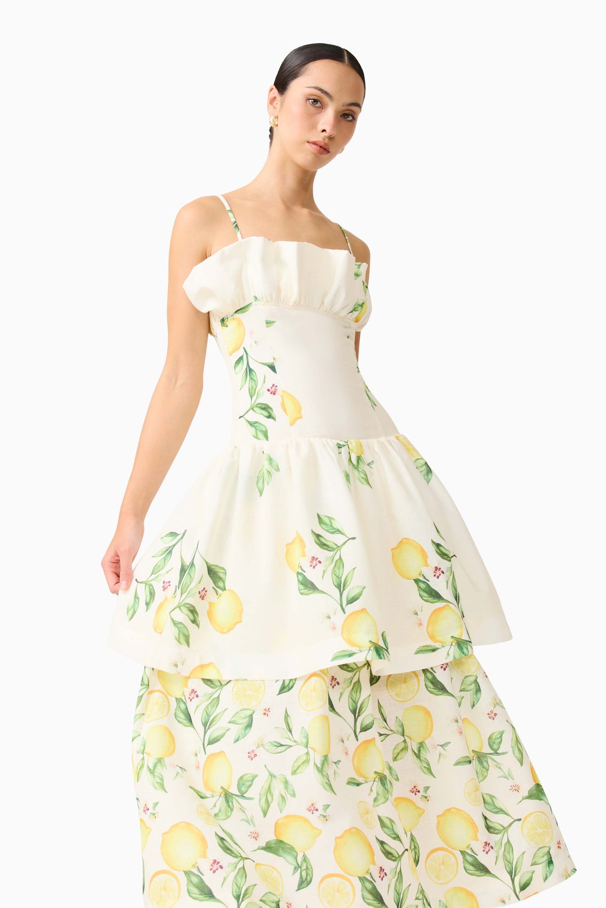 Hana Tiered Maxi Dress in Lemon Print
