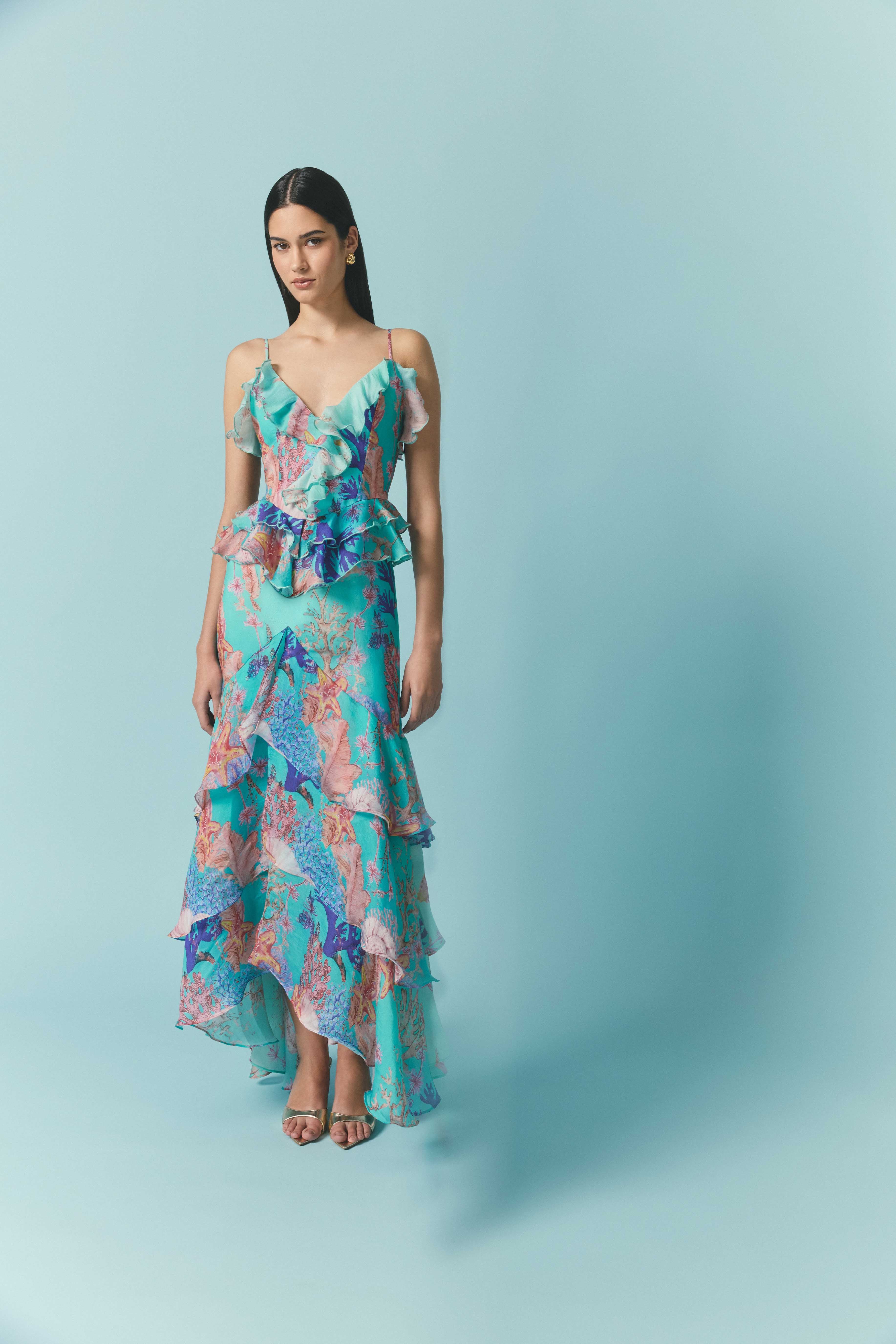 Coral Tiered Gown in Blue Multi