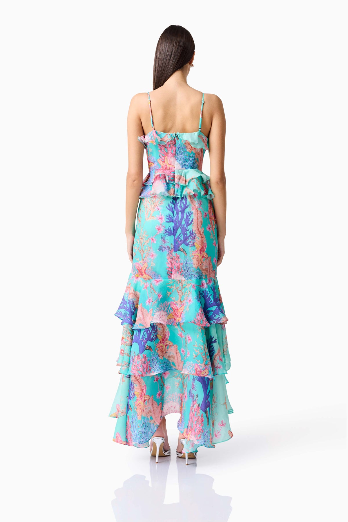 Coral Tiered Gown in Blue Multi