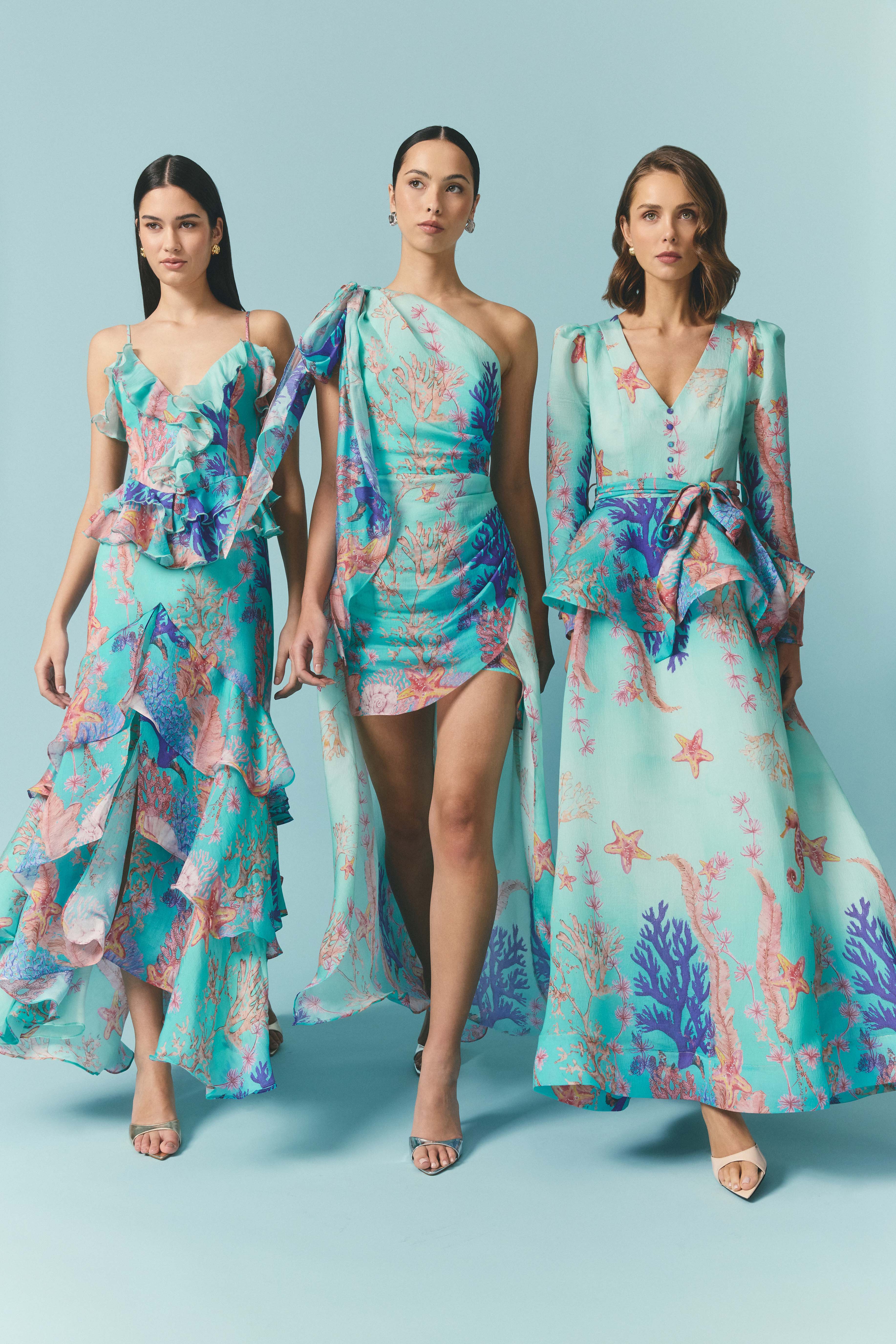Coral Long Sleeve Maxi Dress in Blue Multi