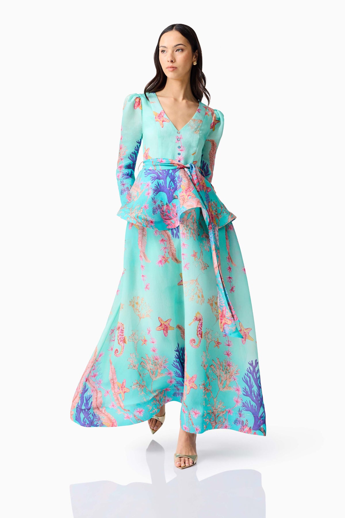 Coral Long Sleeve Maxi Dress in Blue Multi