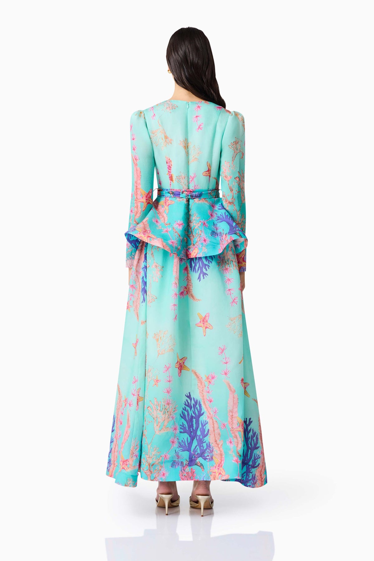 Coral Long Sleeve Maxi Dress in Blue Multi
