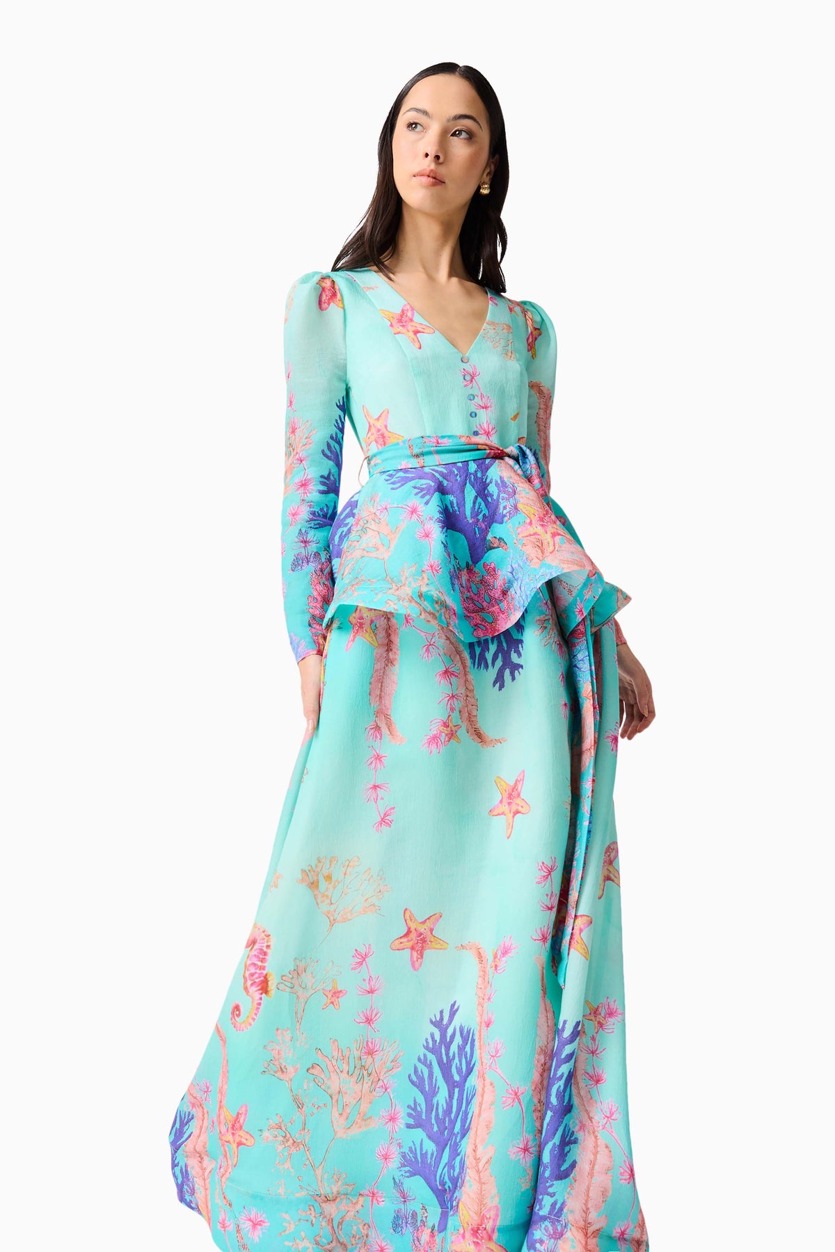 Coral Long Sleeve Maxi Dress in Blue Multi