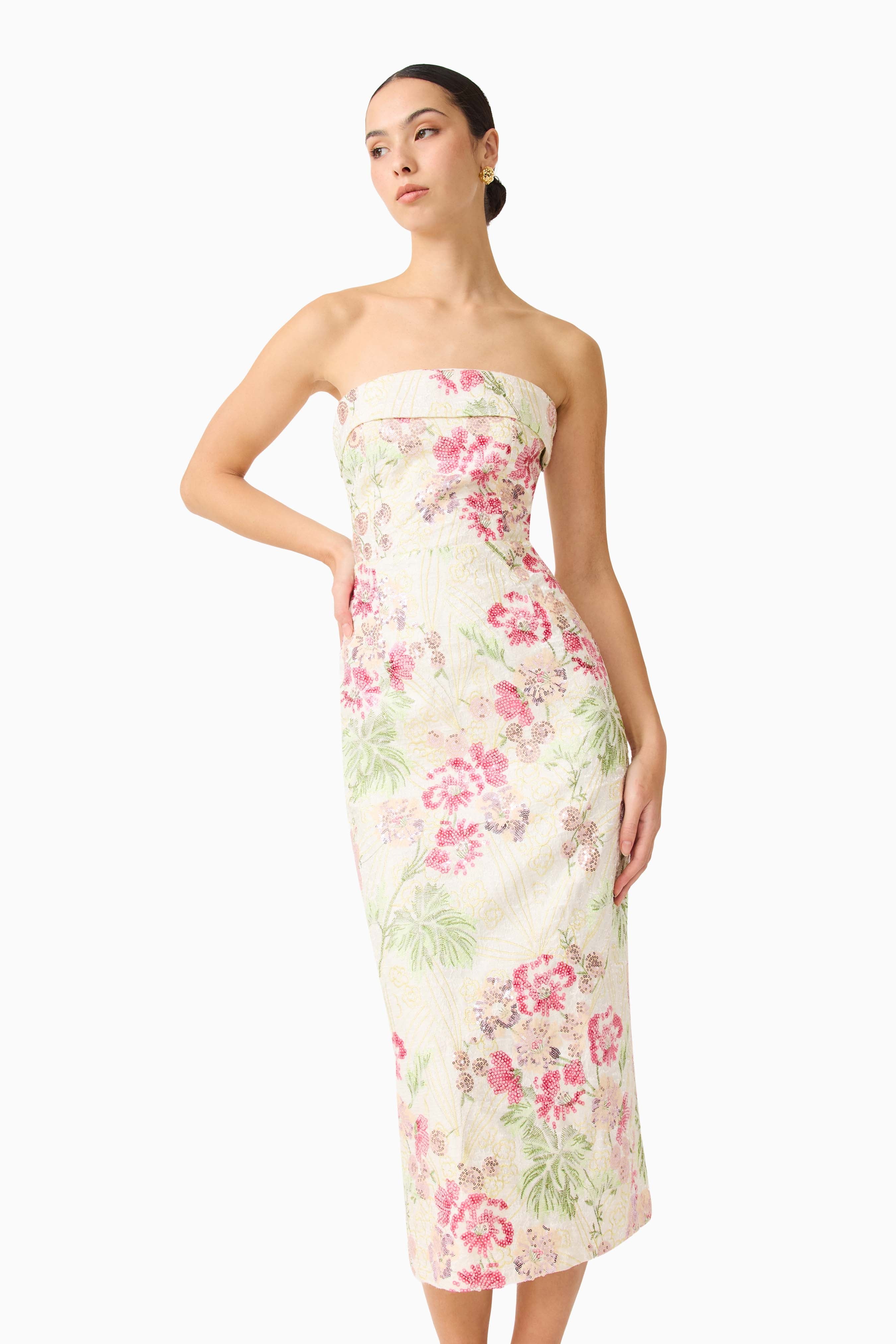 Greta Embroidered Midi Dress in Cream & Pink Floral
