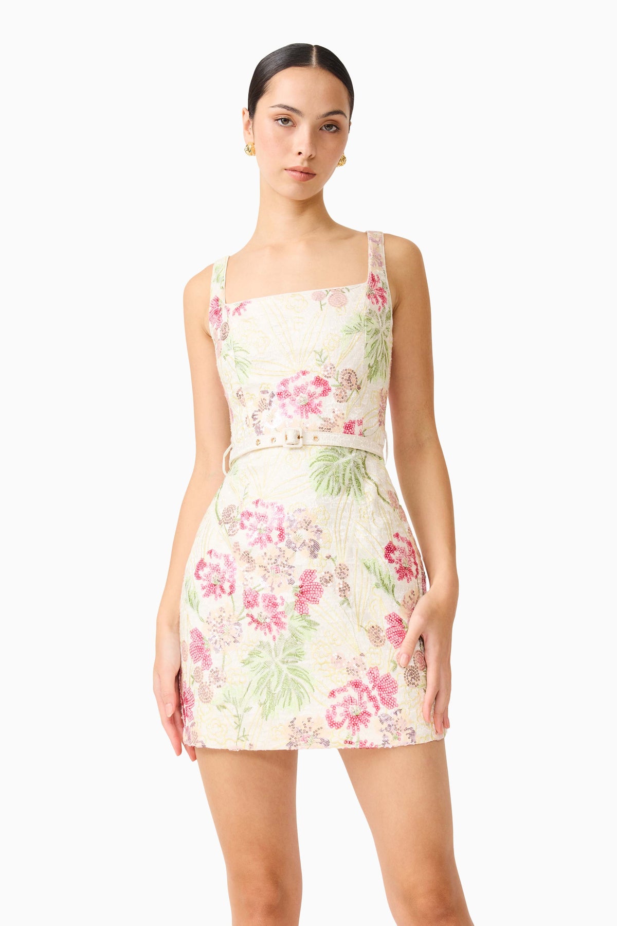 Greta Embroidered Mini Dress in Cream & Pink Floral