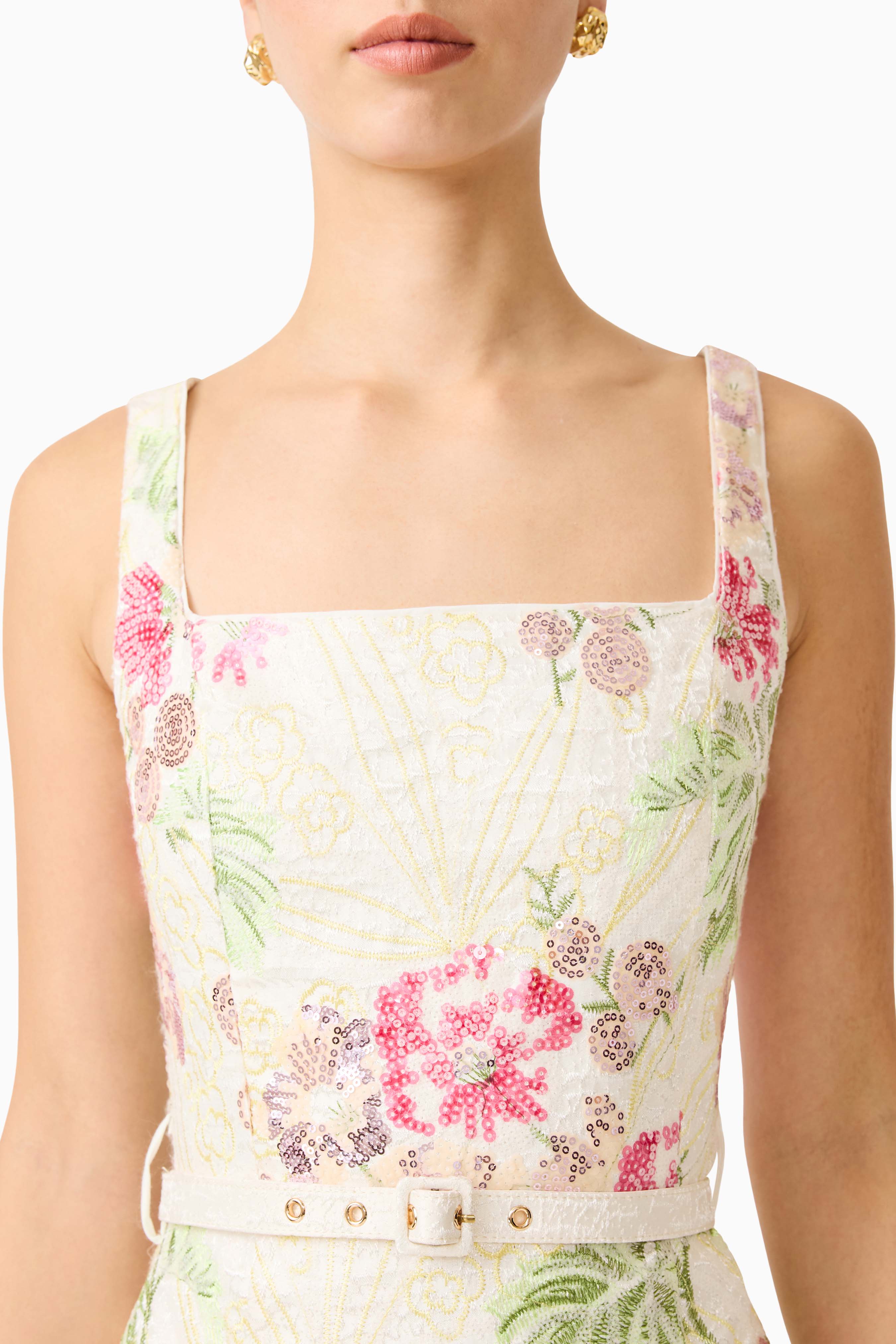 Greta Embroidered Mini Dress in Cream & Pink Floral