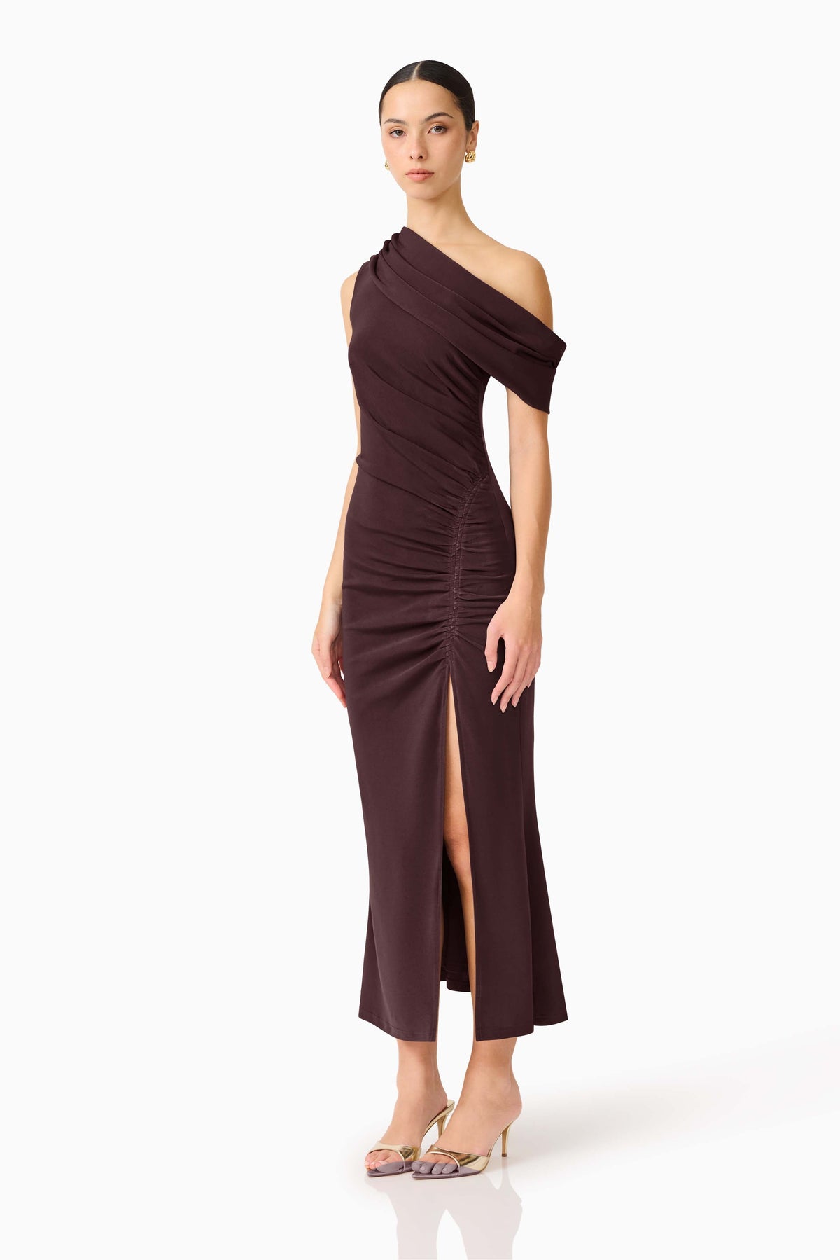 Simone One Shoulder Maxi Dress in Chocolate Brown