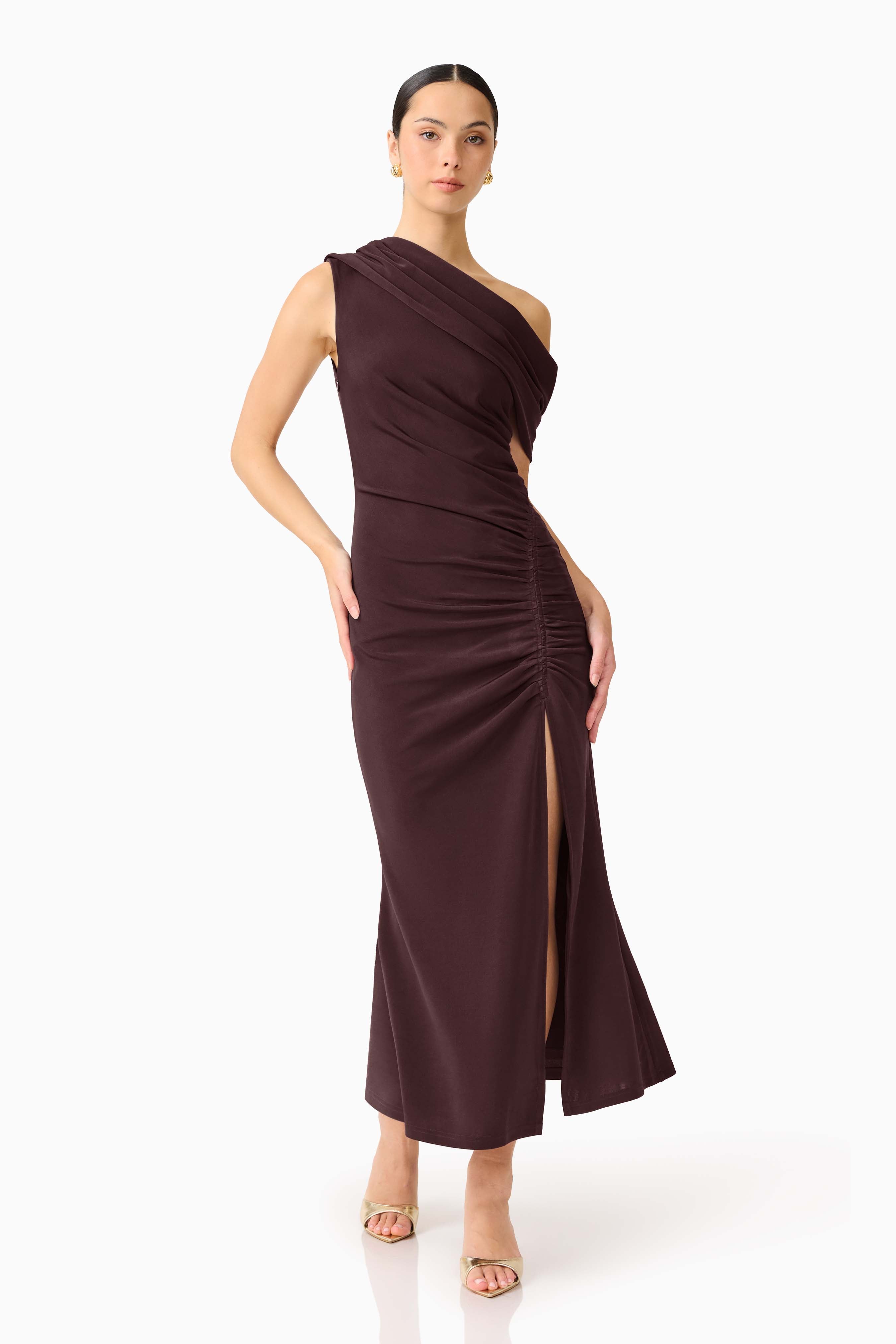 Simone One Shoulder Maxi Dress in Chocolate Brown