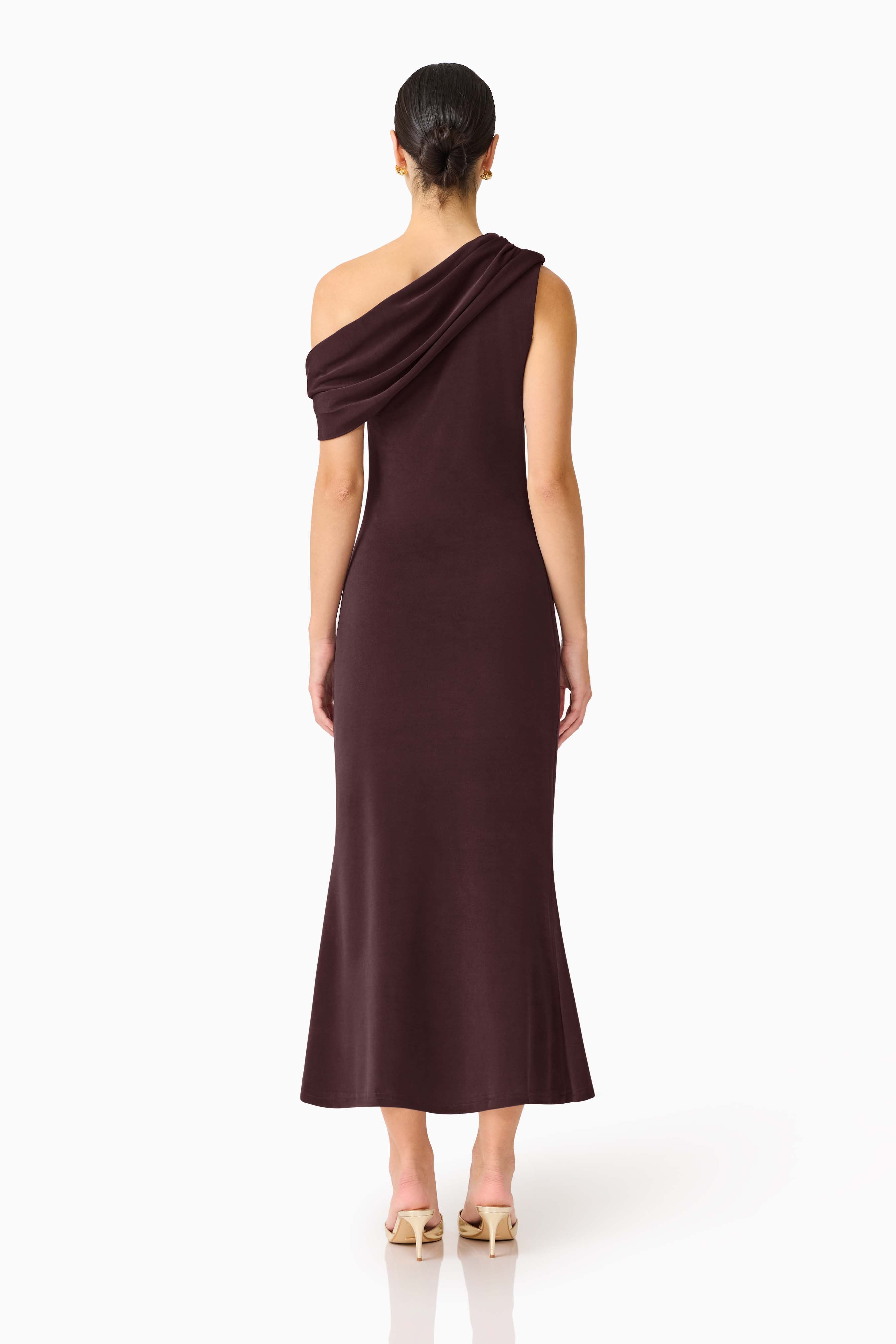 Simone One Shoulder Maxi Dress in Chocolate Brown