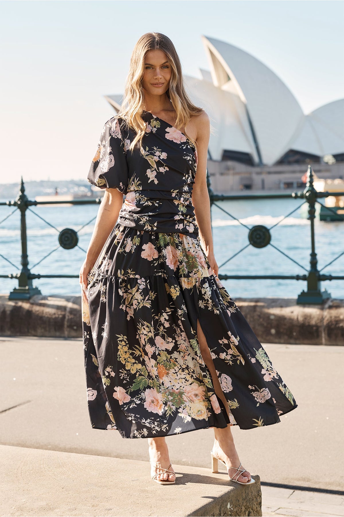 Berlyn One Shoulder Maxi Dress in Black With Pink Floral