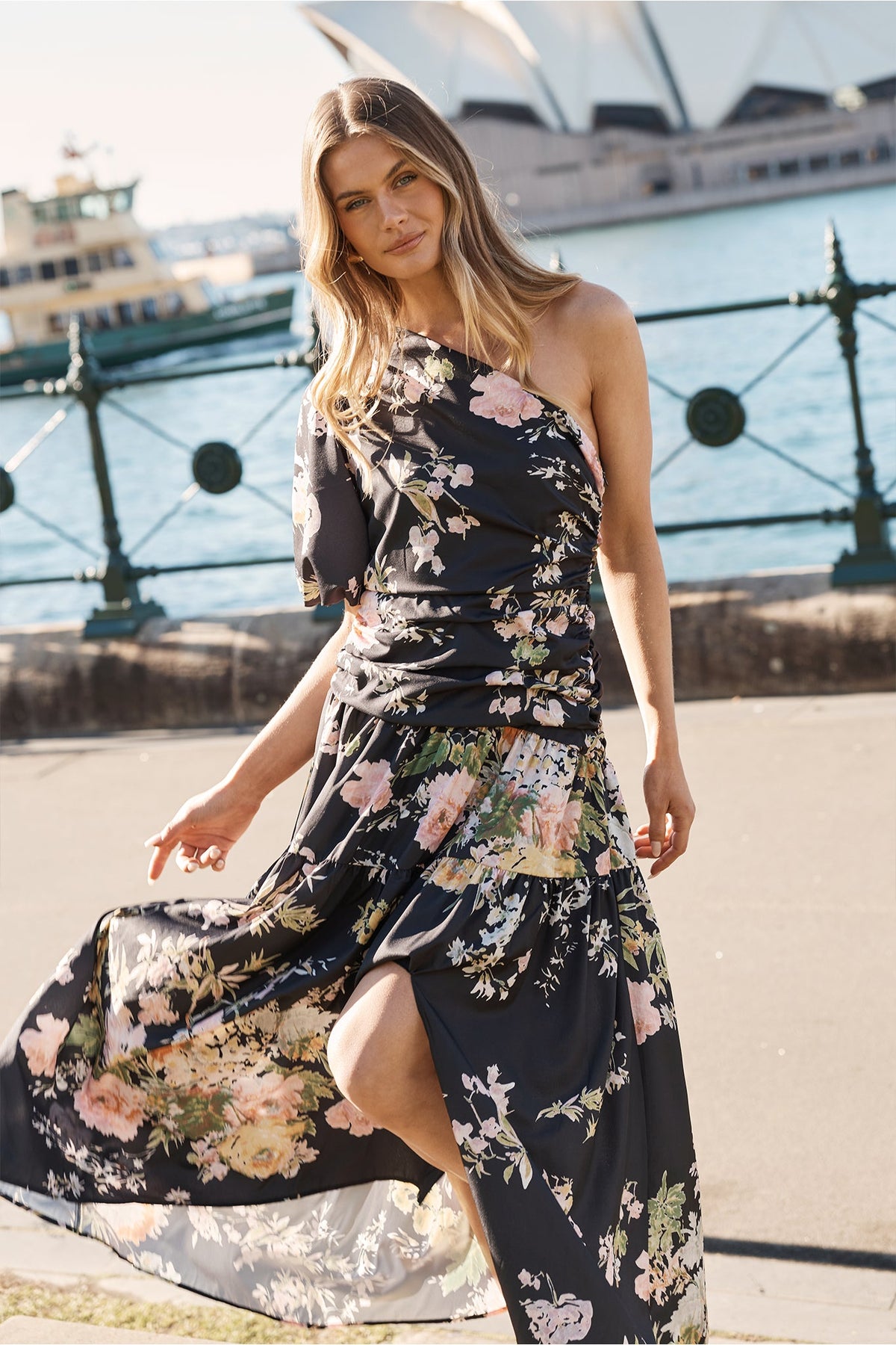 Berlyn One Shoulder Maxi Dress in Black With Pink Floral