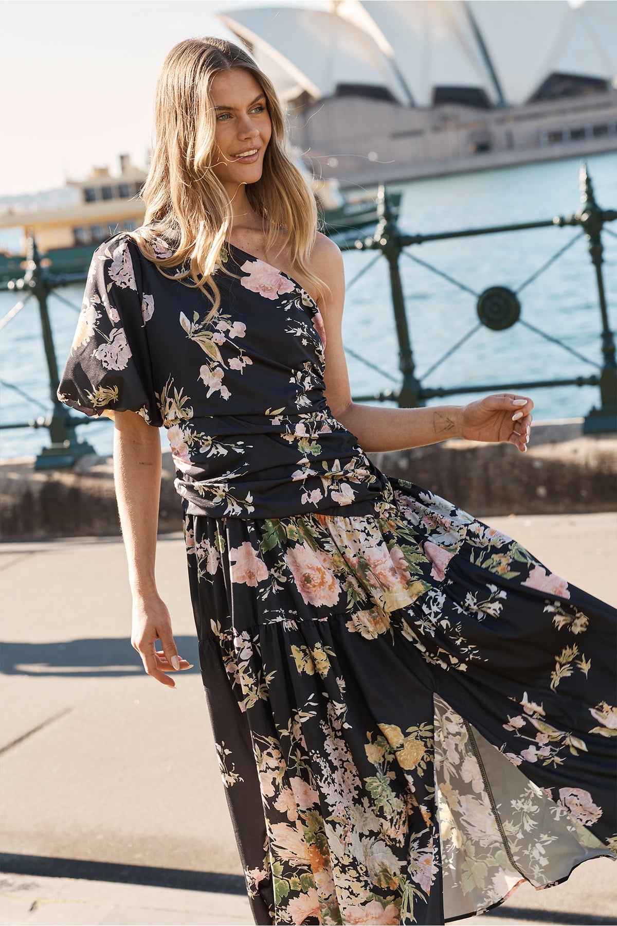 Berlyn One Shoulder Maxi Dress in Black With Pink Floral
