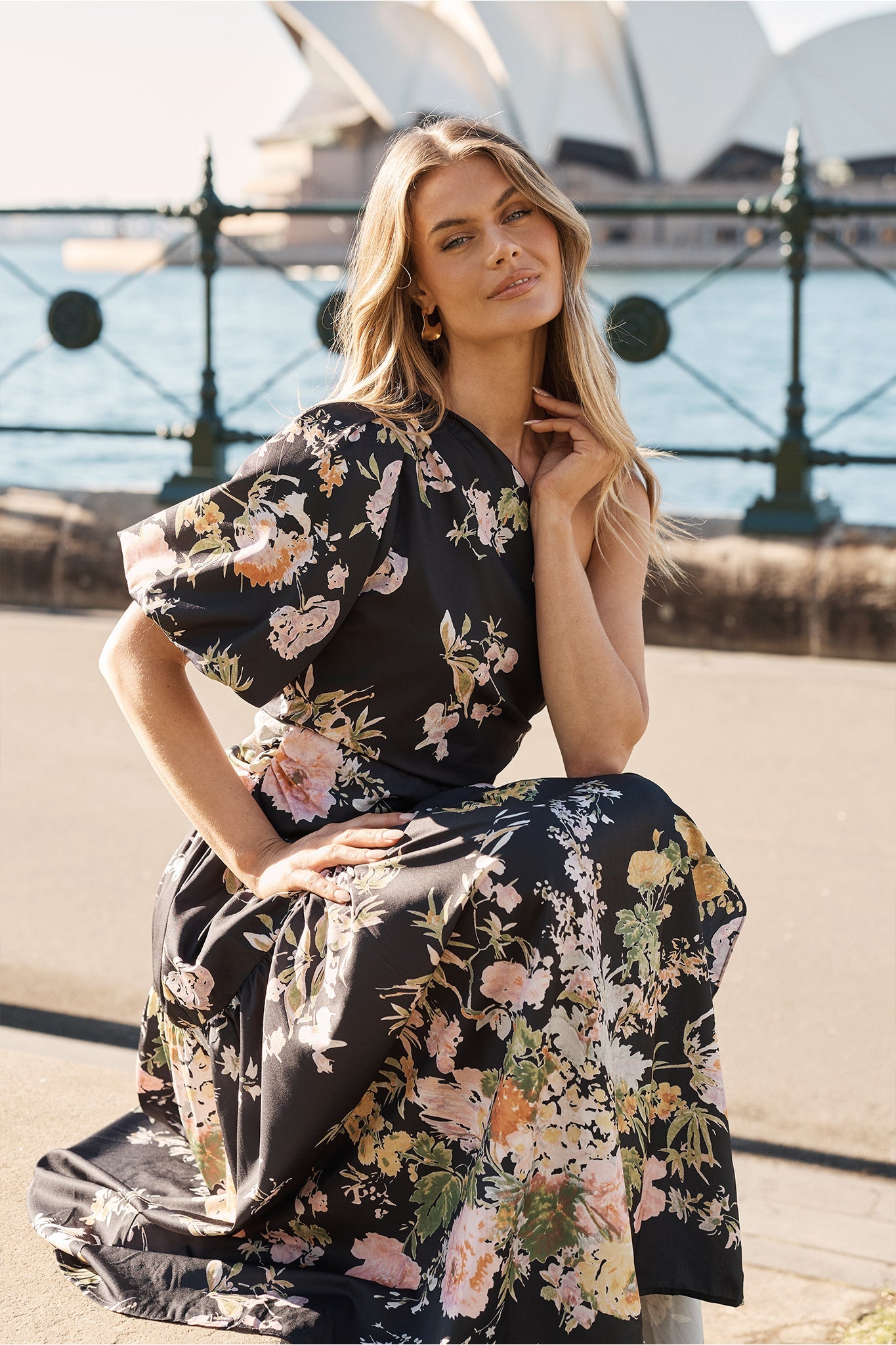 Berlyn One Shoulder Maxi Dress in Black With Pink Floral