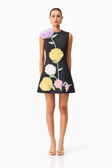 Buttercup Embroidered Mini Dress in Black