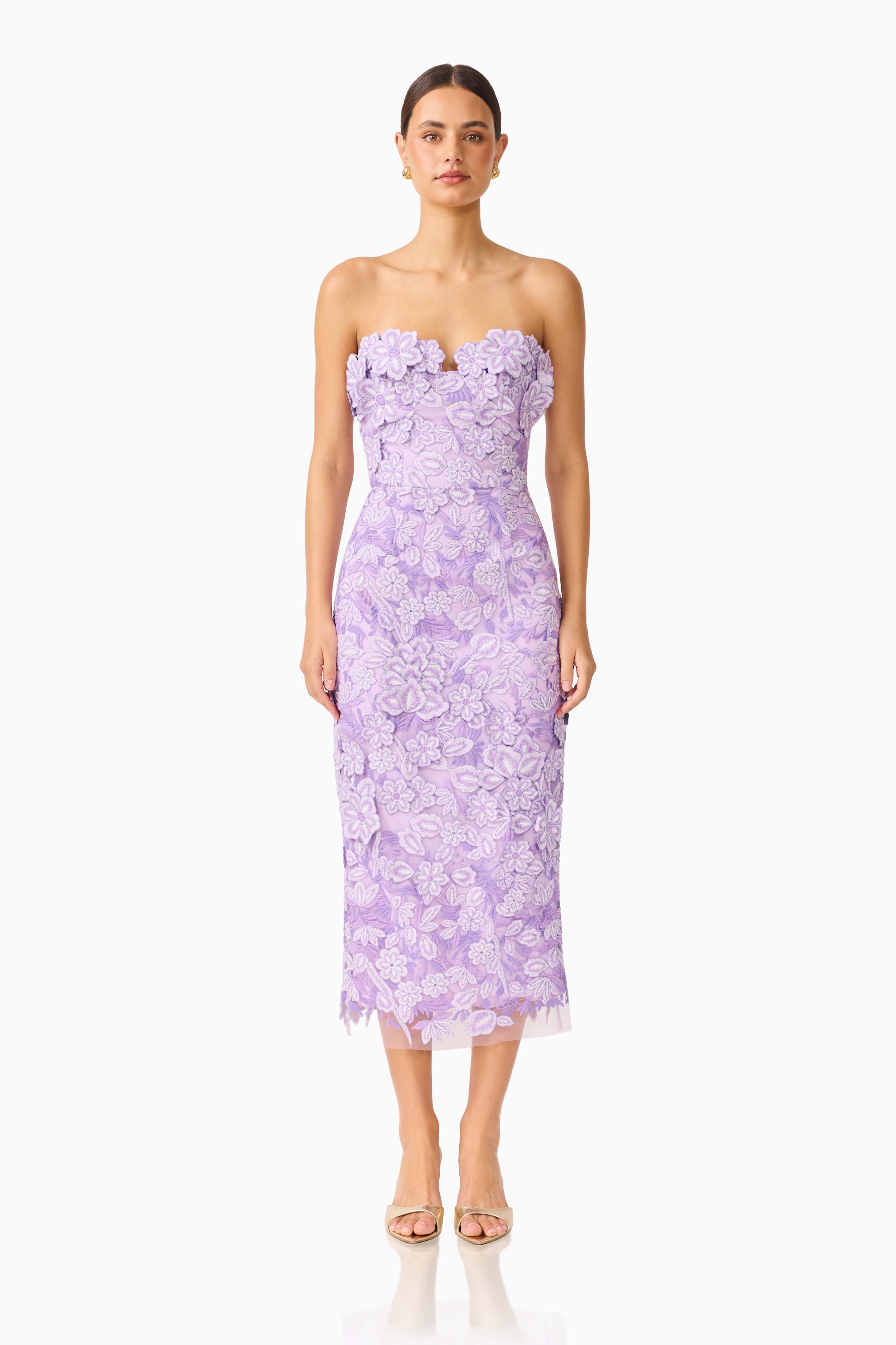 Roseate Strapless Midi Dress in Purple
