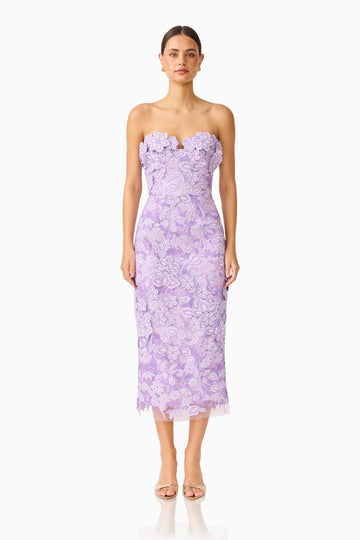 Roseate Strapless Midi Dress in Purple