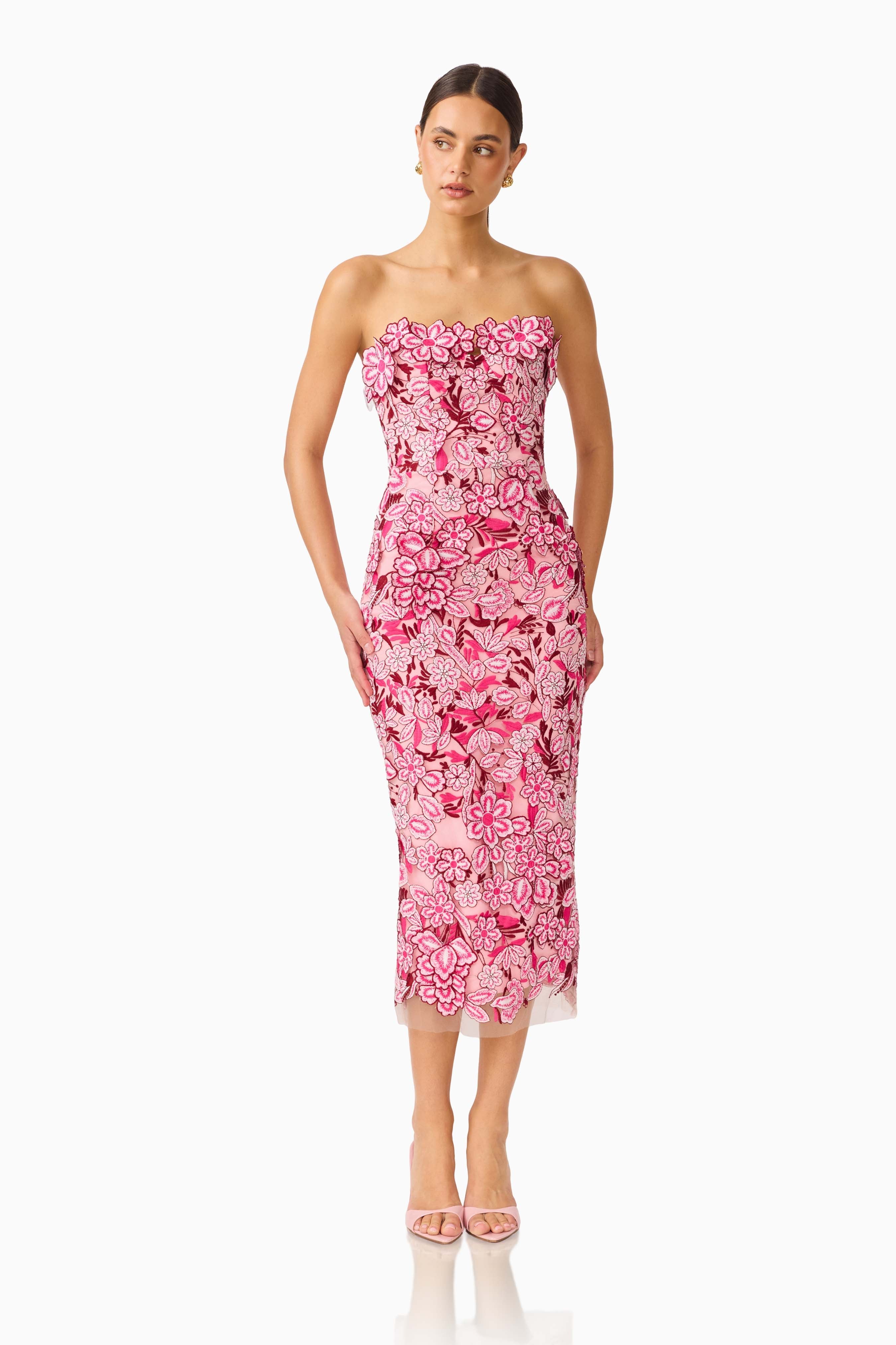 Roseate Strapless Midi Dress in Pink