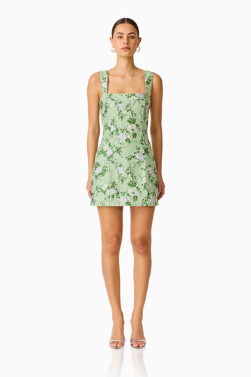 Christina Jacquard Mini Dress In Green Floral