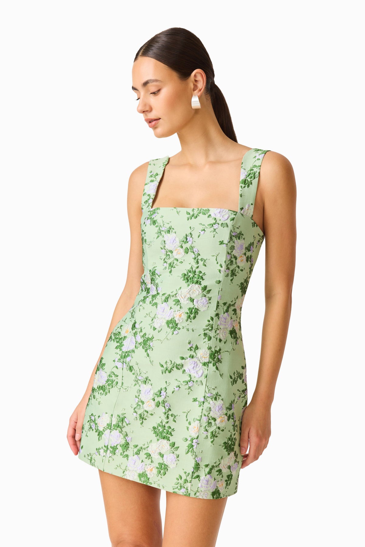 Christina Jacquard Mini Dress In Green Floral