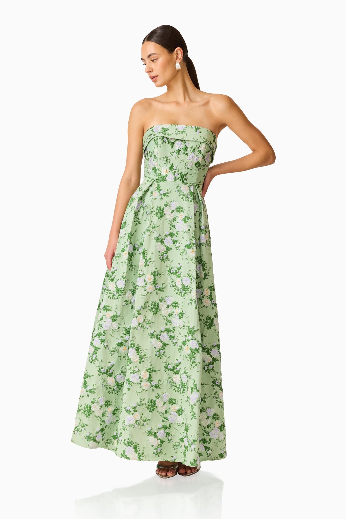 Christina Jacquard Gown in Green Floral