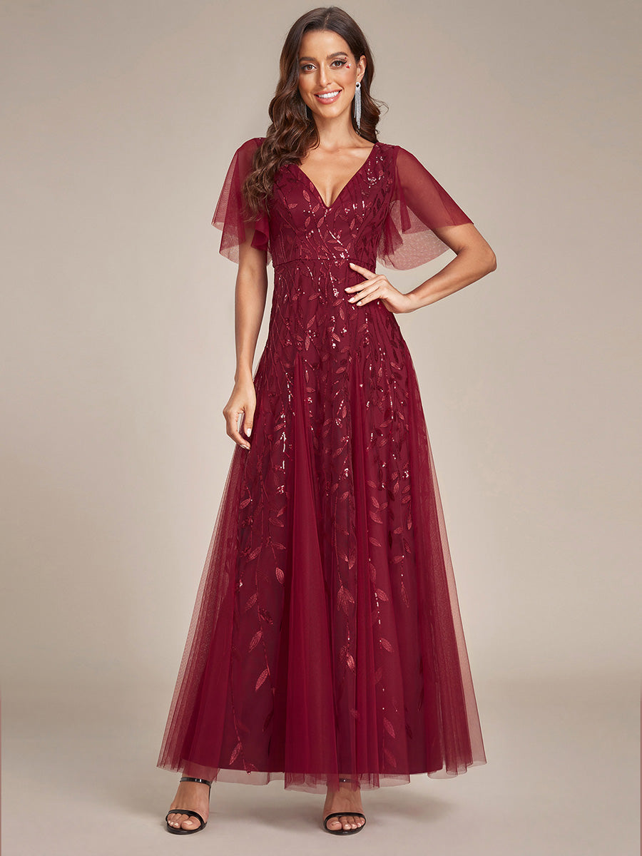 ever ASTRAL|Elegant Ruffle Sleeves Maxi Sequin Mother of the Bride Dress