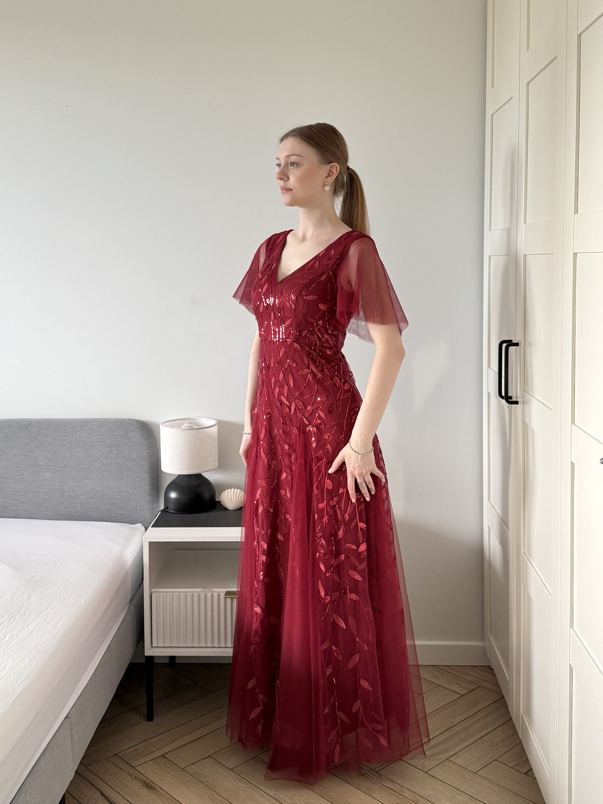 ever ASTRAL|Ruffle Sleeves Leaf Sequin Maxi Bridesmaid Dress
